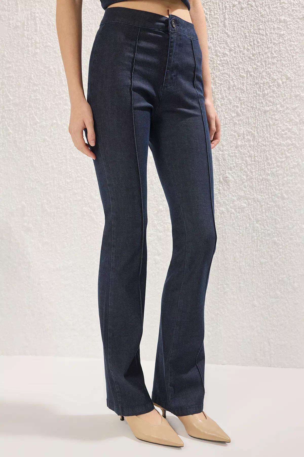 Blue Flare Stitch Detail Jeans, DARK BLUE, large image number 2