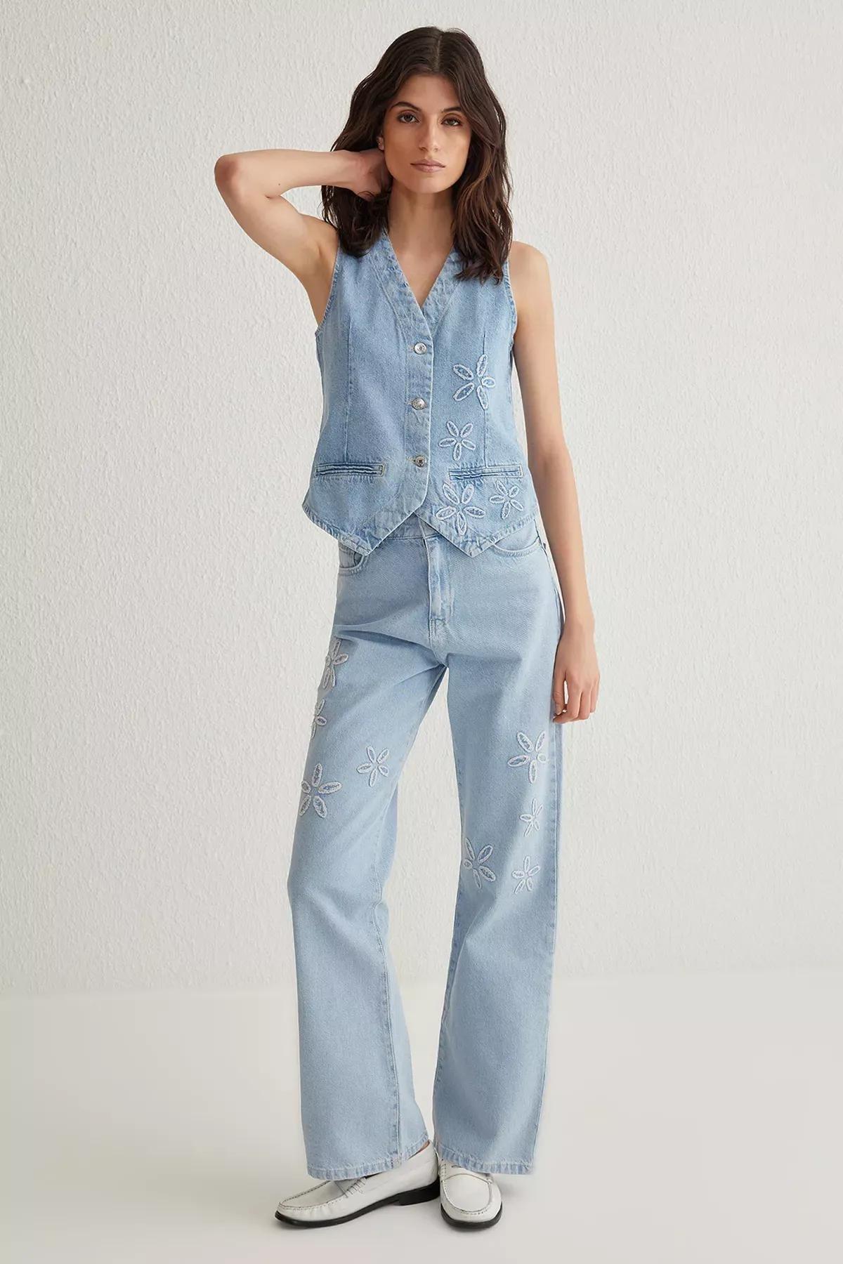 Blue Floral Embroidered Denim Vest, LIGHT BLUE, large image number 1