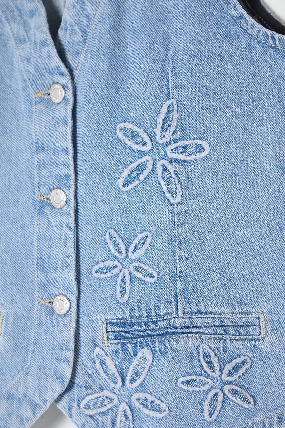 Blue Floral Embroidered Denim Vest, LIGHT BLUE, large image number 5