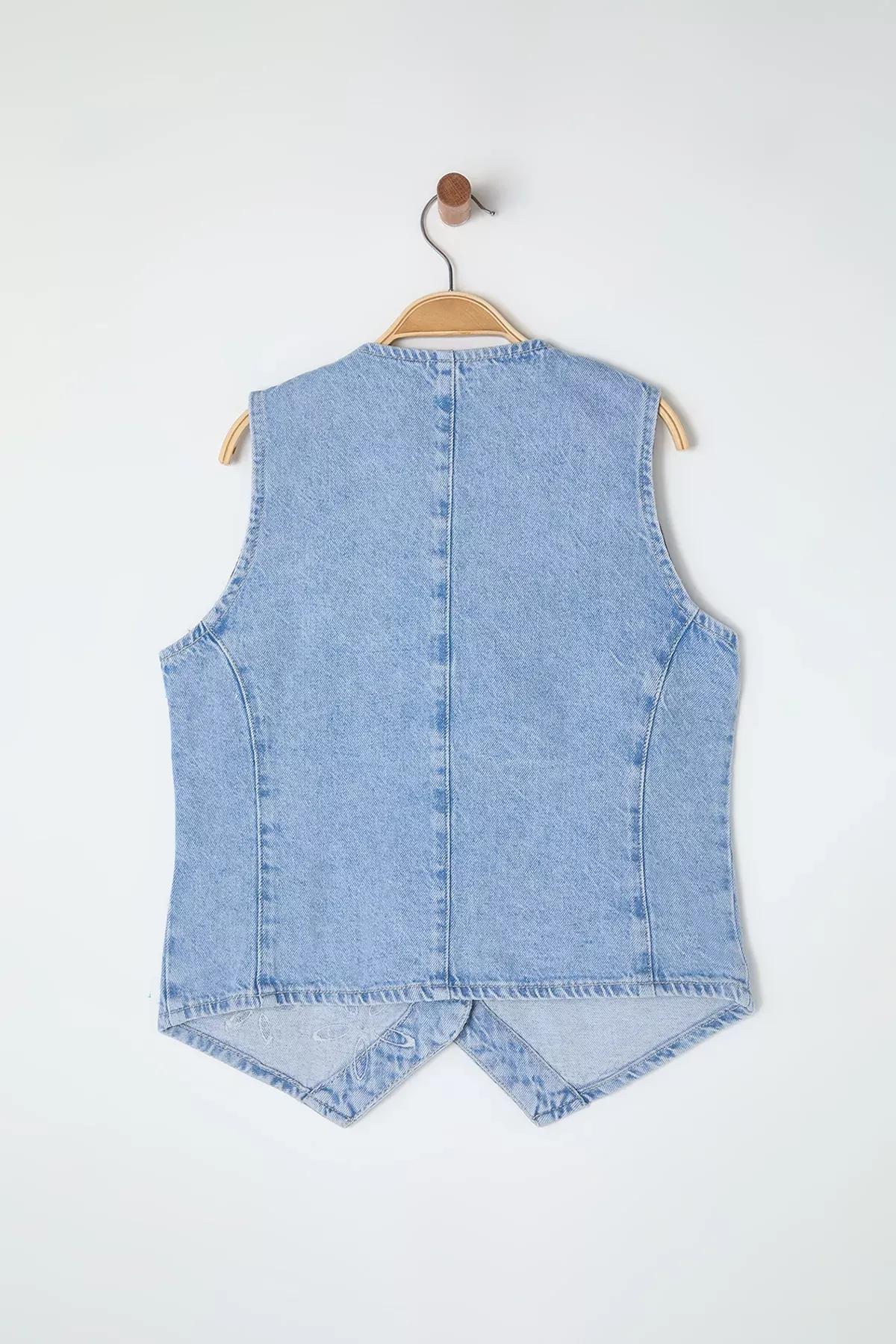 Blue Floral Embroidered Denim Vest, LIGHT BLUE, large image number 7