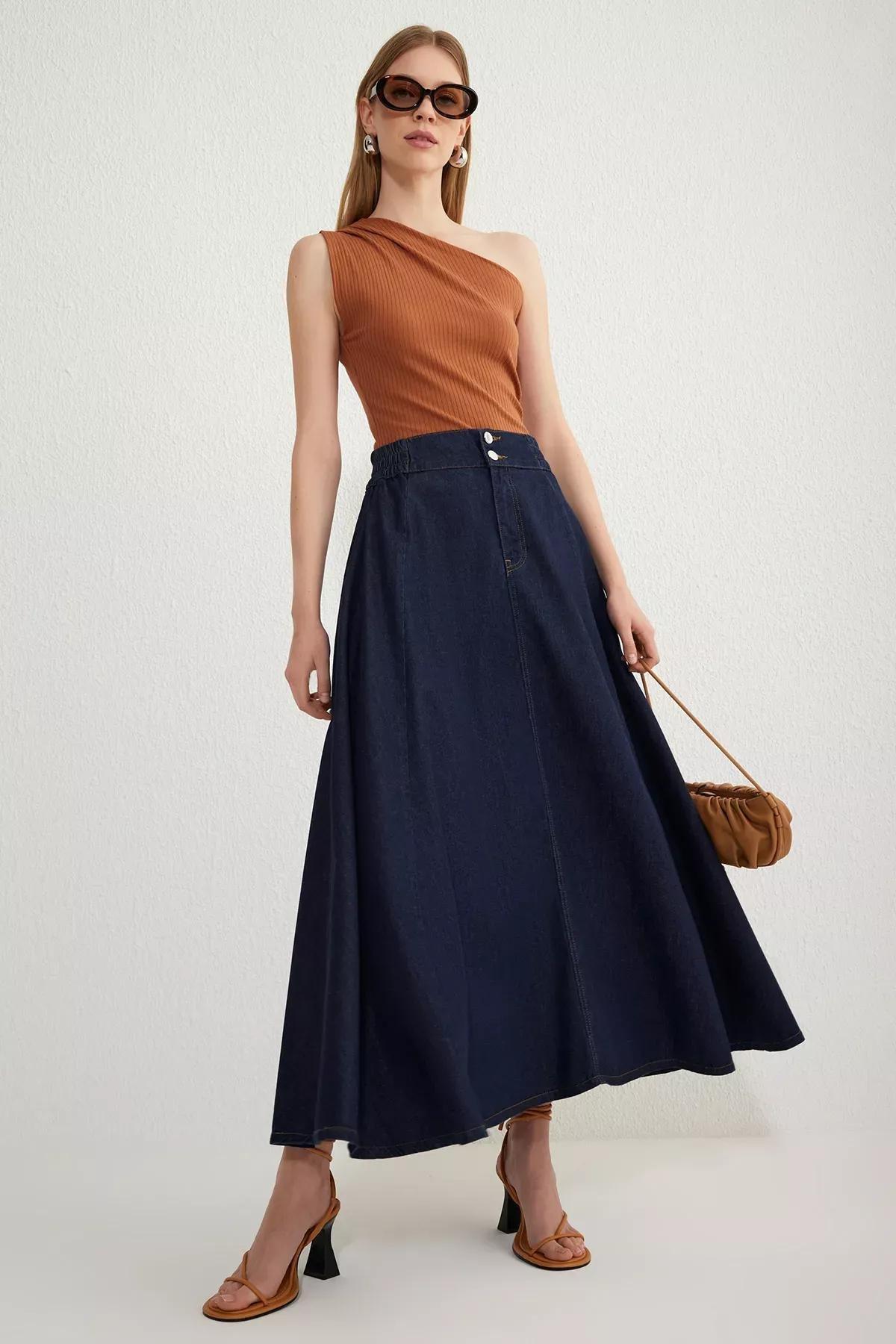 Navy Elastic Waist Maxi Denim Skirt, , large image number 0