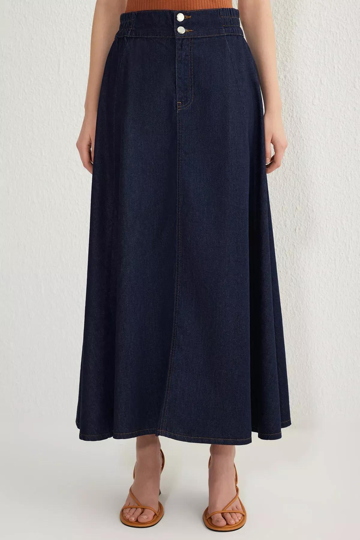 Navy Elastic Waist Maxi Denim Skirt, , large image number 2