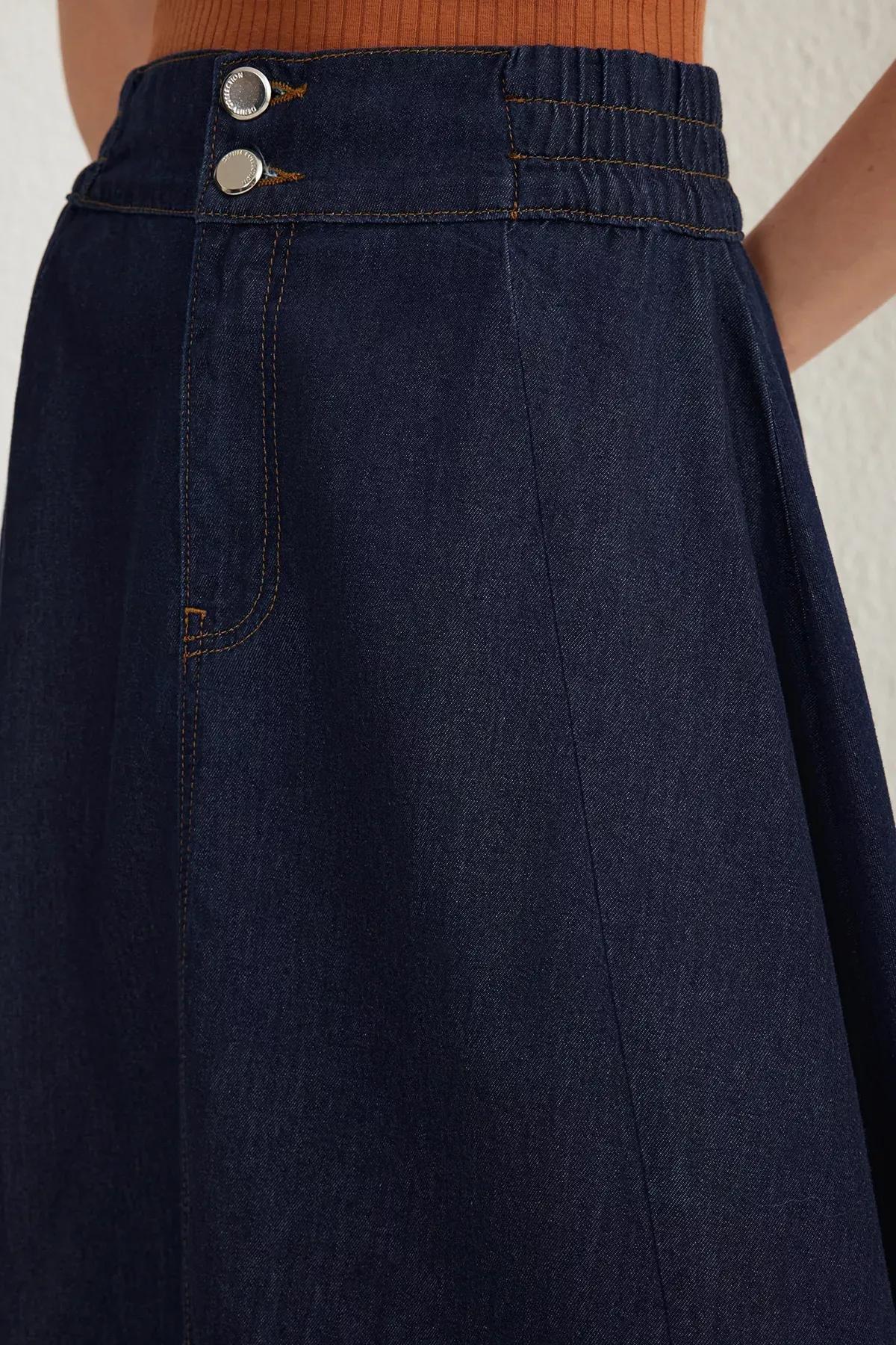 Navy Elastic Waist Maxi Denim Skirt, , large image number 3