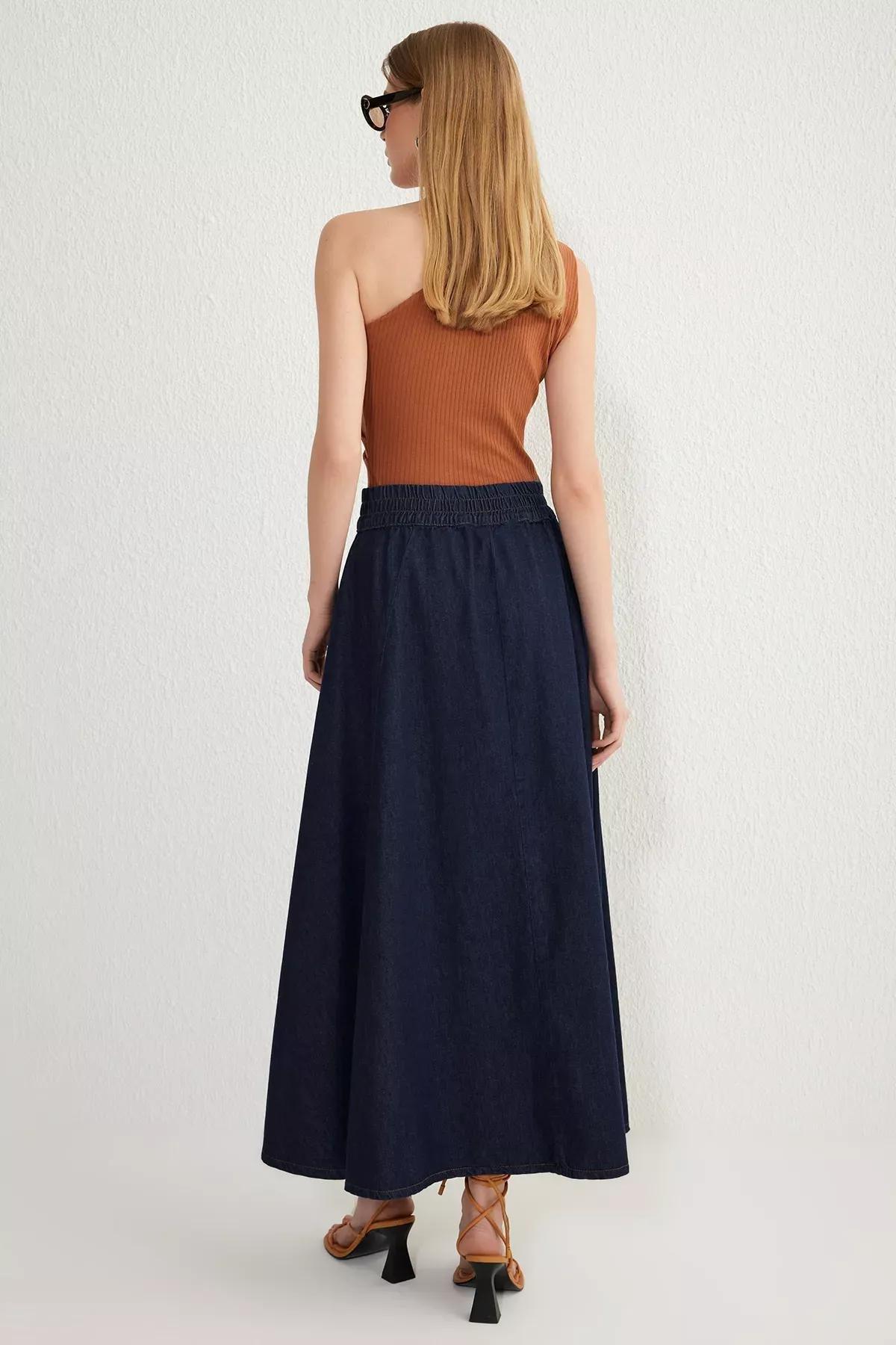 Navy Elastic Waist Maxi Denim Skirt, , large image number 4