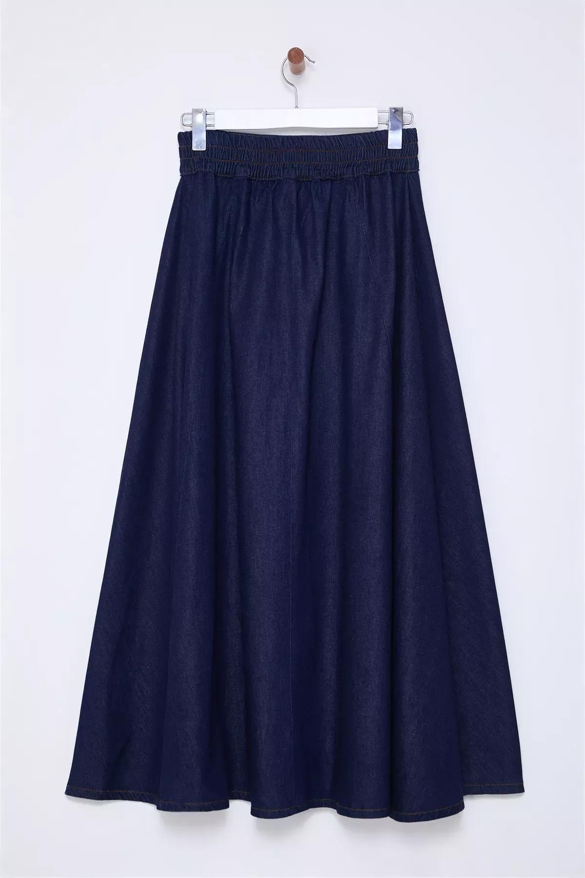 Navy Elastic Waist Maxi Denim Skirt, , large image number 5