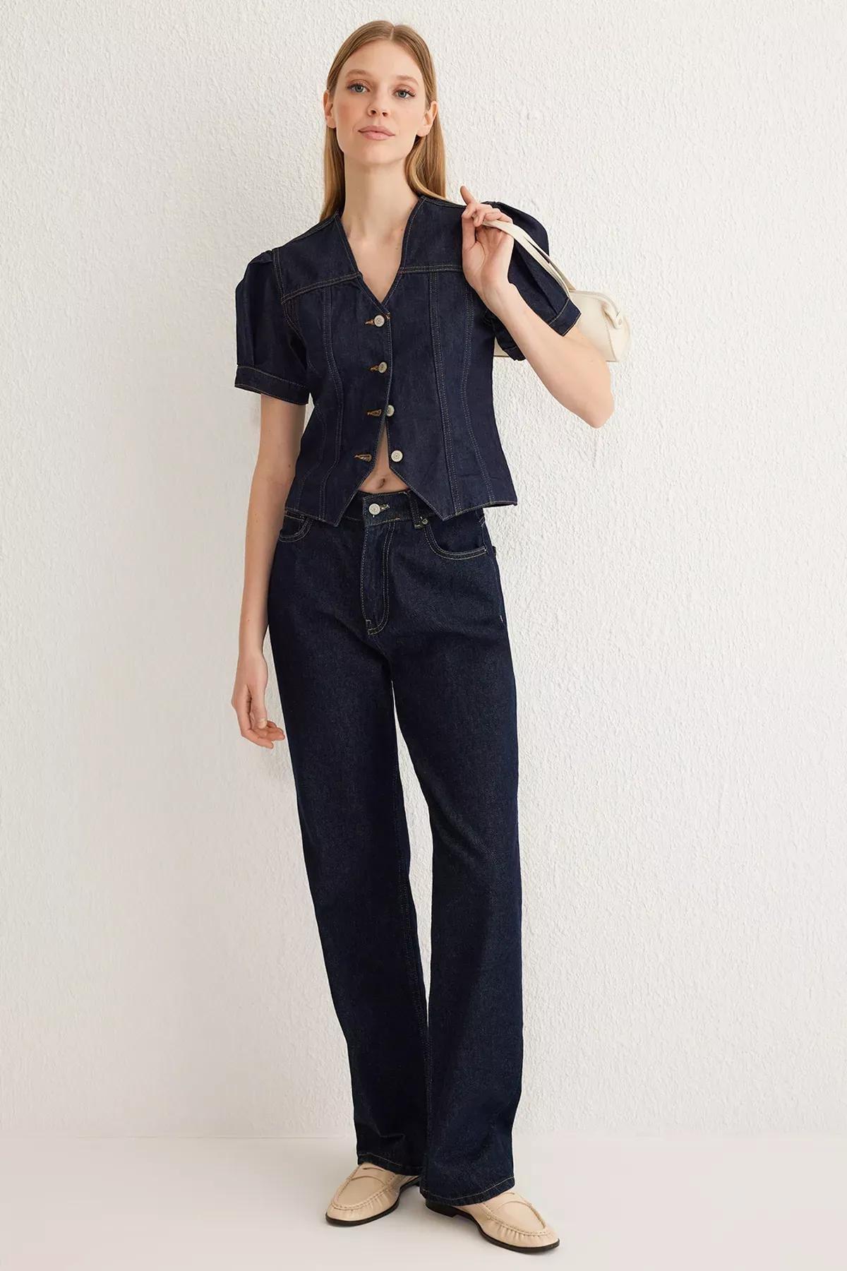 Blue Balloon Sleeve Denim Blouse, , large image number 1