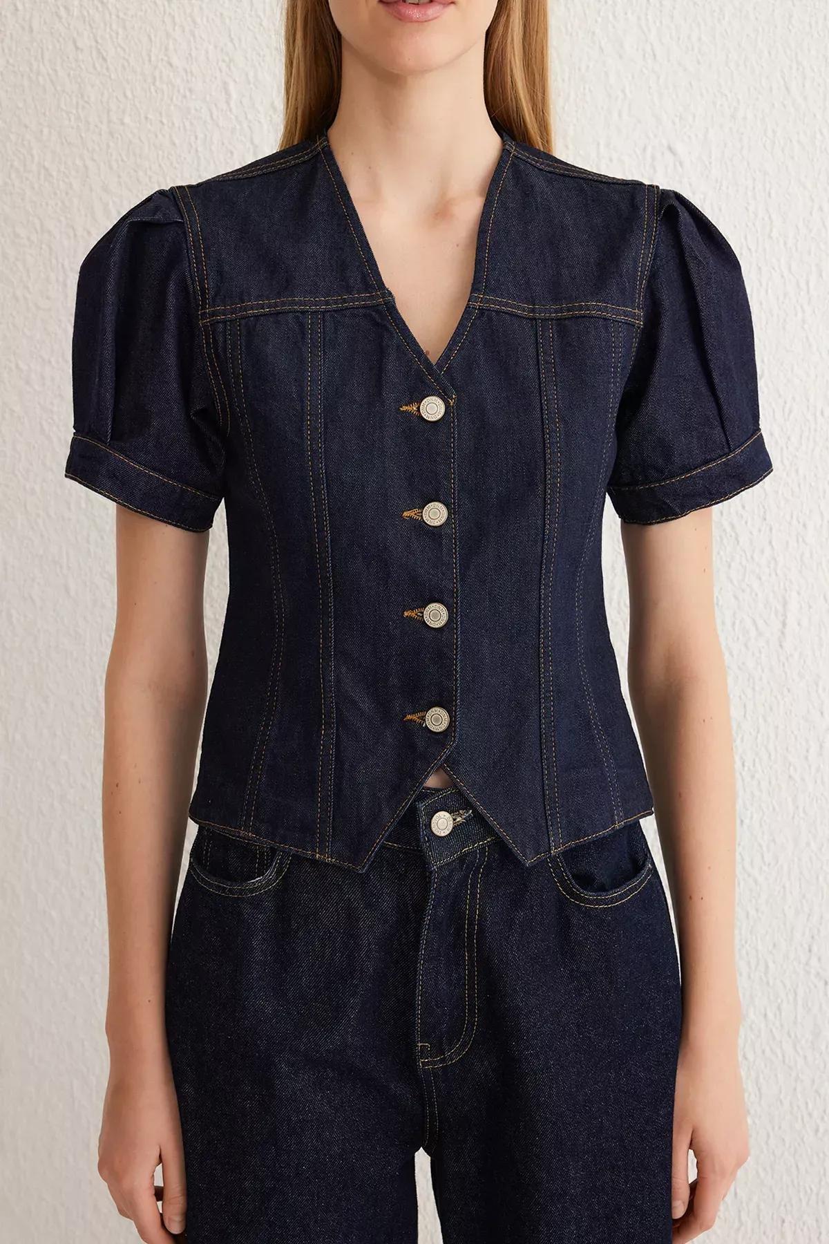 Blue Balloon Sleeve Denim Blouse, , large image number 2