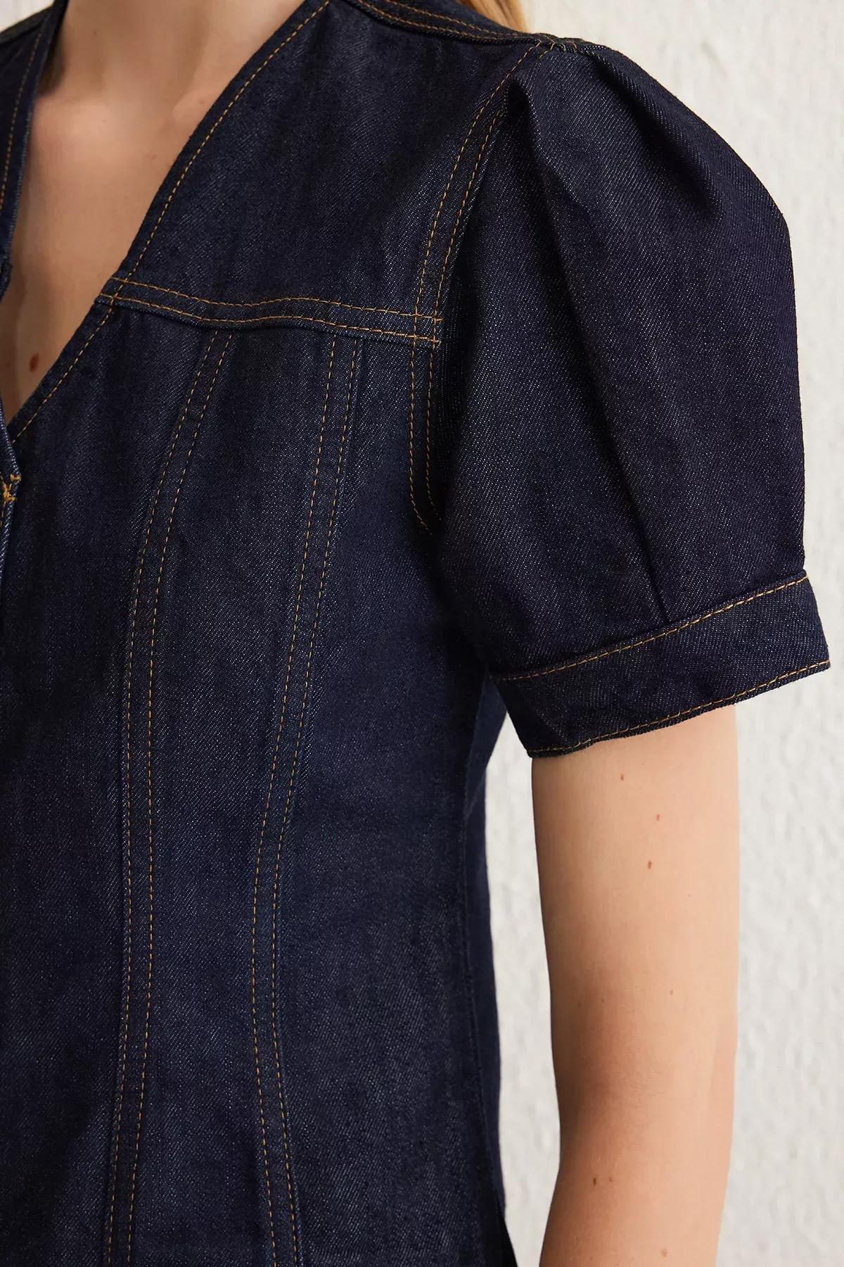 Blue Balloon Sleeve Denim Blouse, DARK BLUE, large image number 3