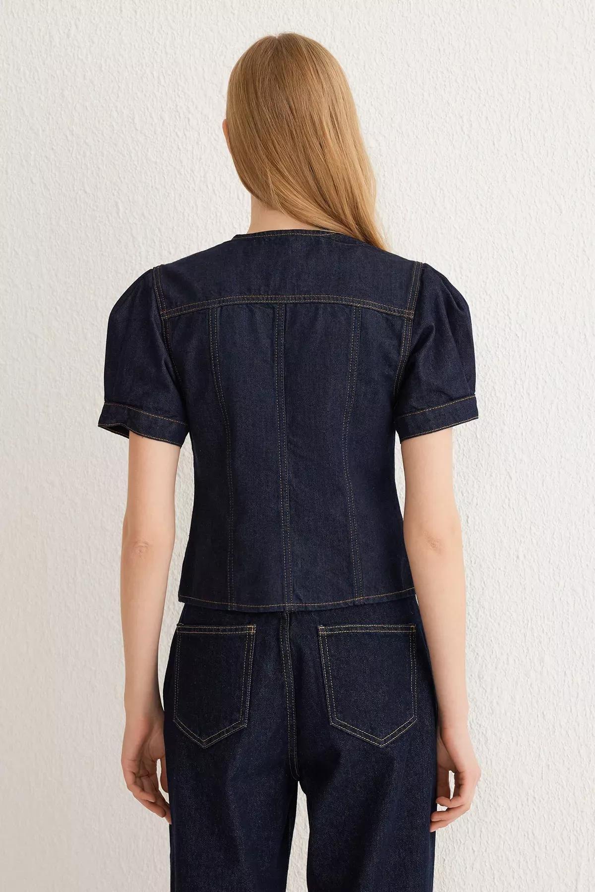 Blue Balloon Sleeve Denim Blouse, , large image number 4