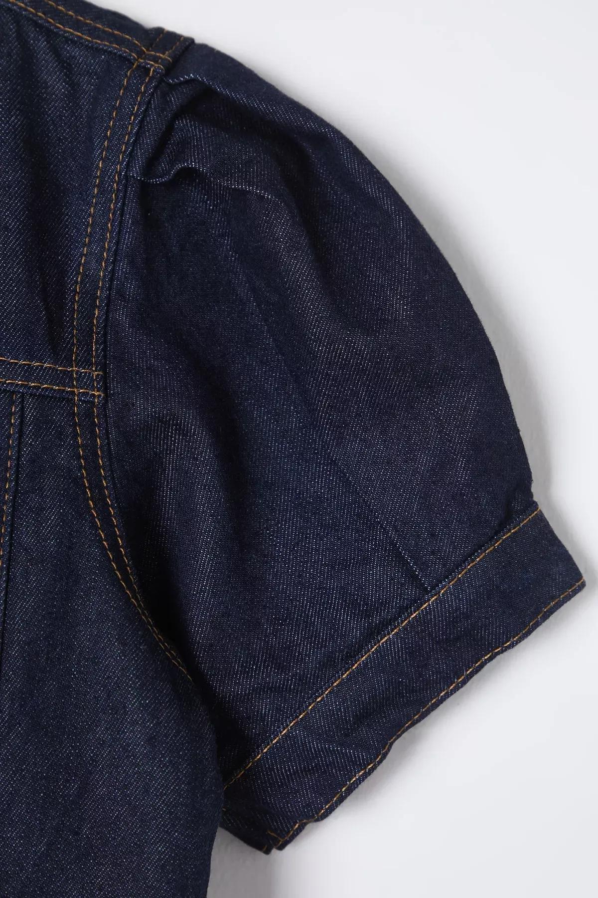 Blue Balloon Sleeve Denim Blouse, , large image number 6