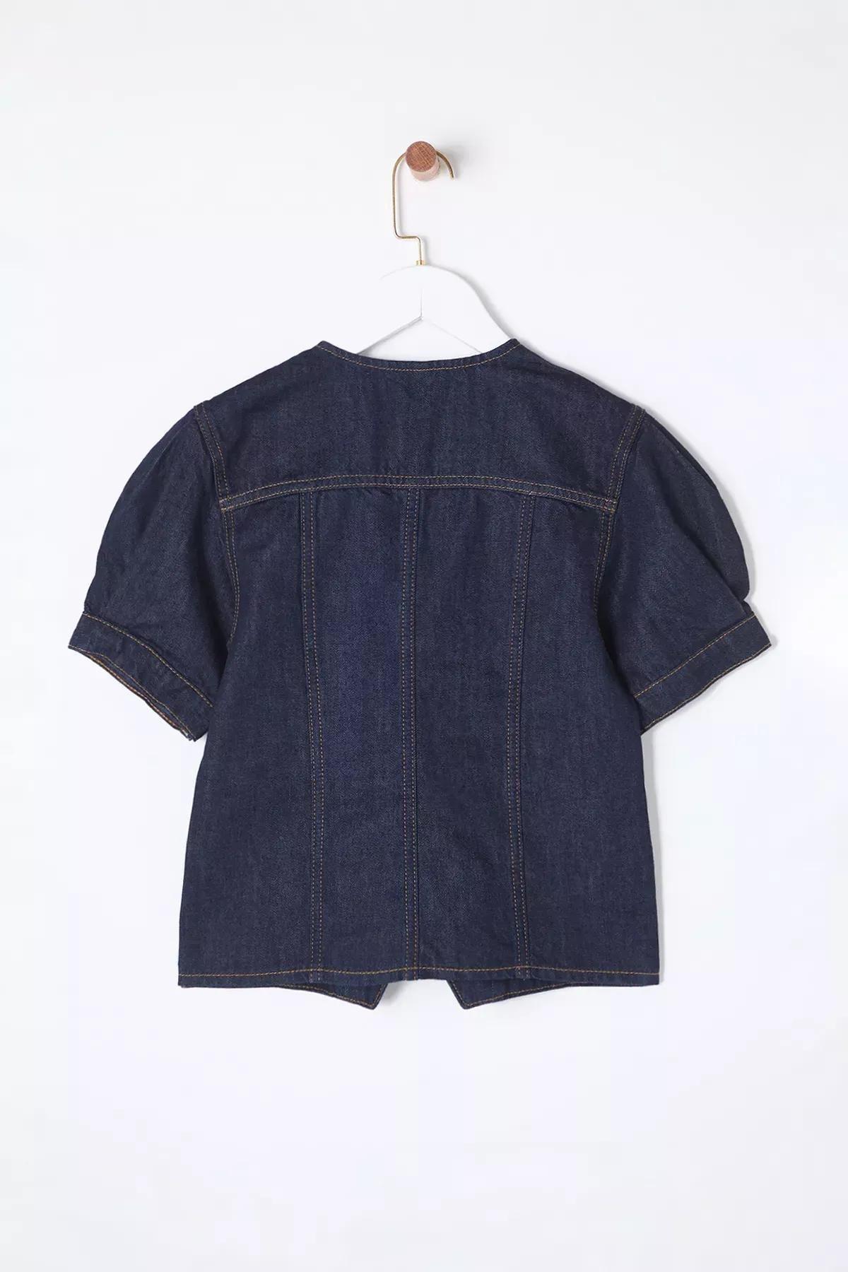 Blue Balloon Sleeve Denim Blouse, , large image number 7