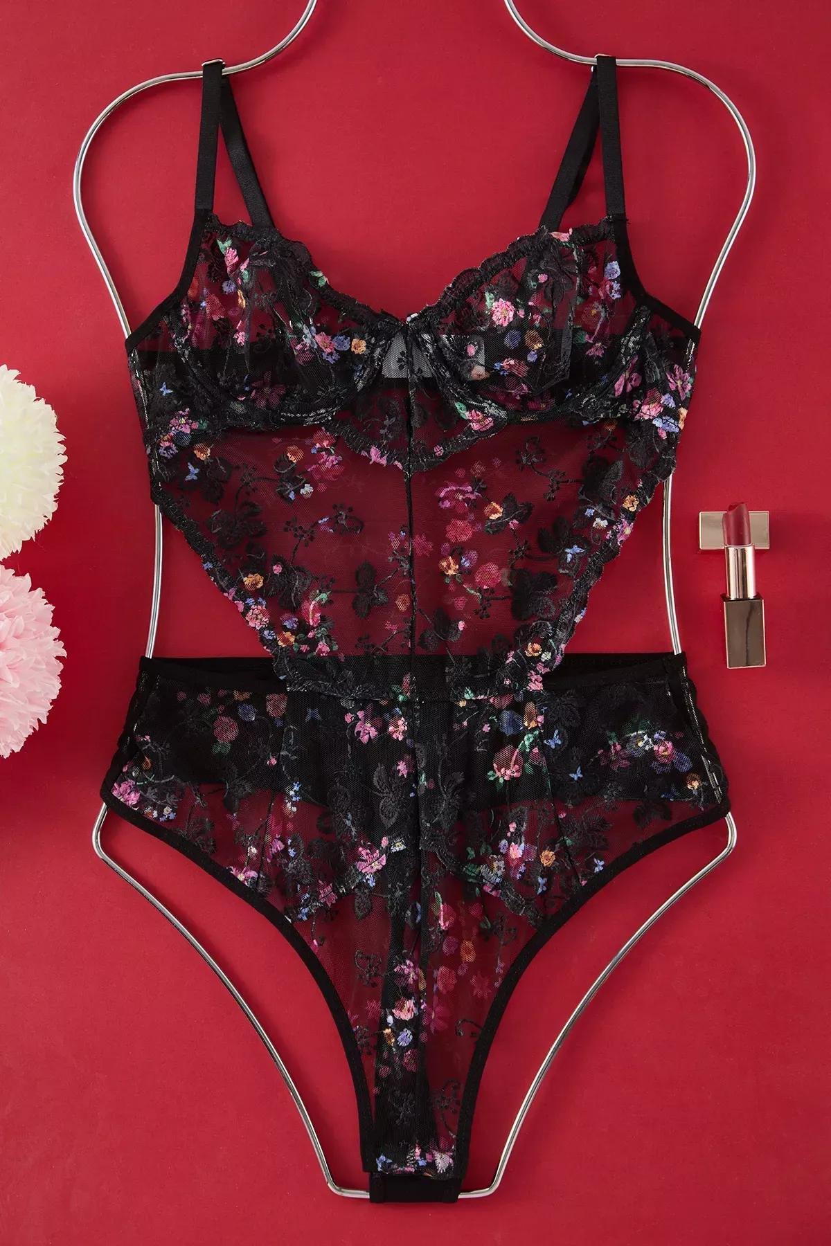 Black Lace Embroidered Floral Bodysuit, , large image number 4