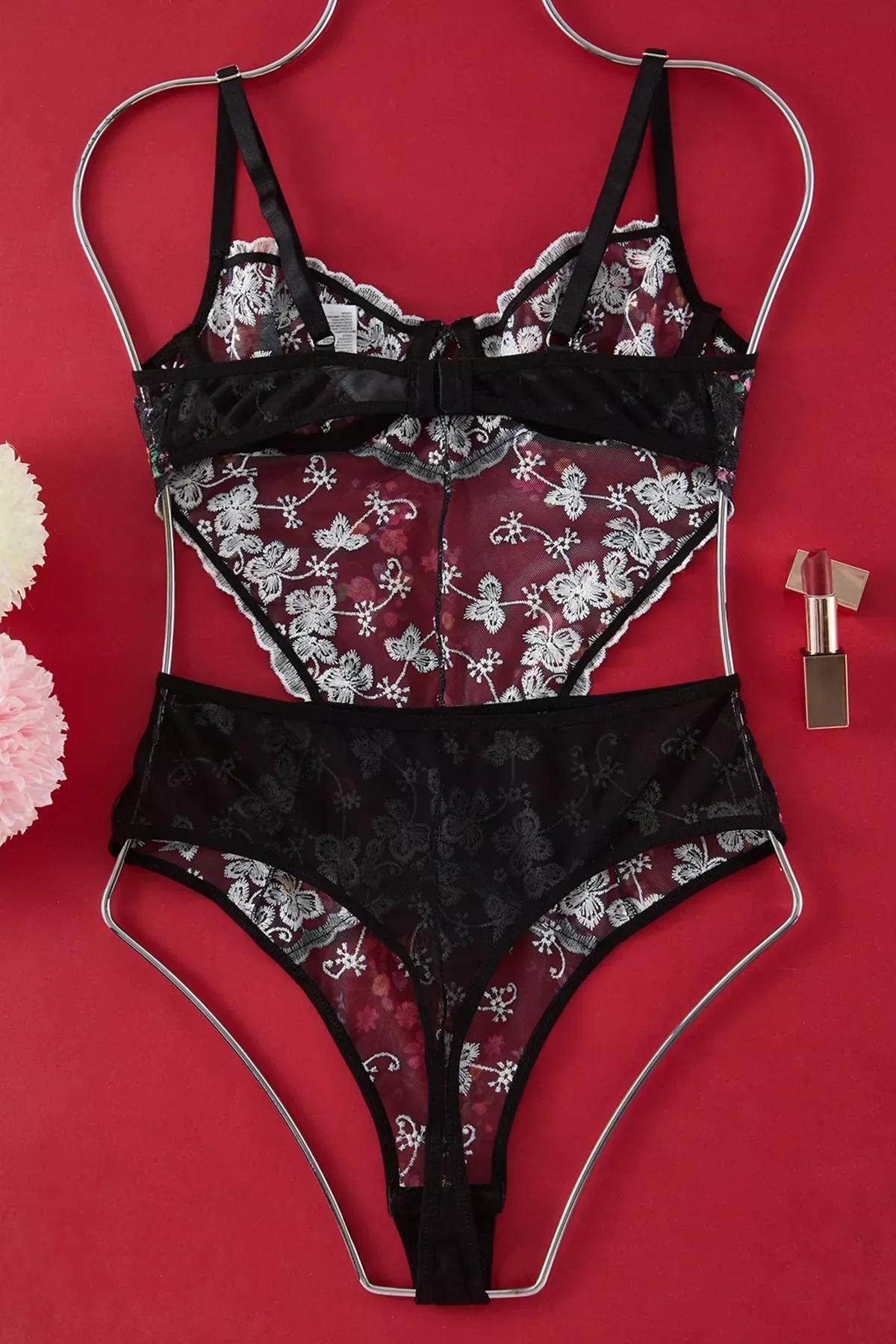 Black Lace Embroidered Floral Bodysuit, , large image number 5