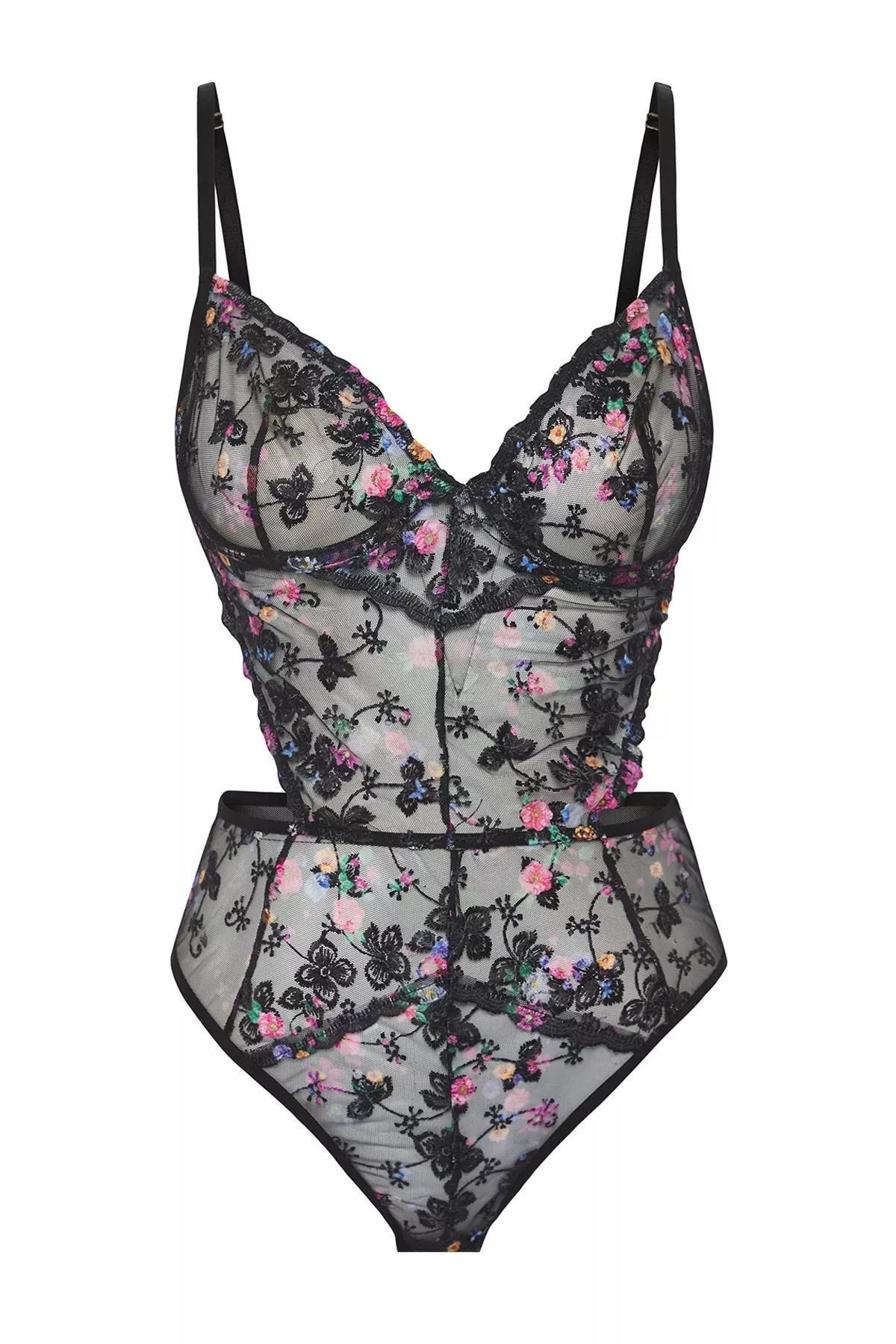Black Lace Embroidered Floral Bodysuit, , large image number 6