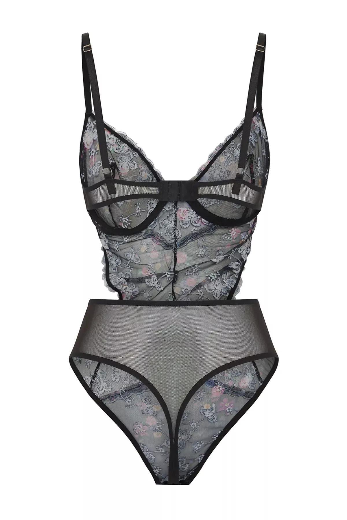 Black Lace Embroidered Floral Bodysuit, , large image number 7