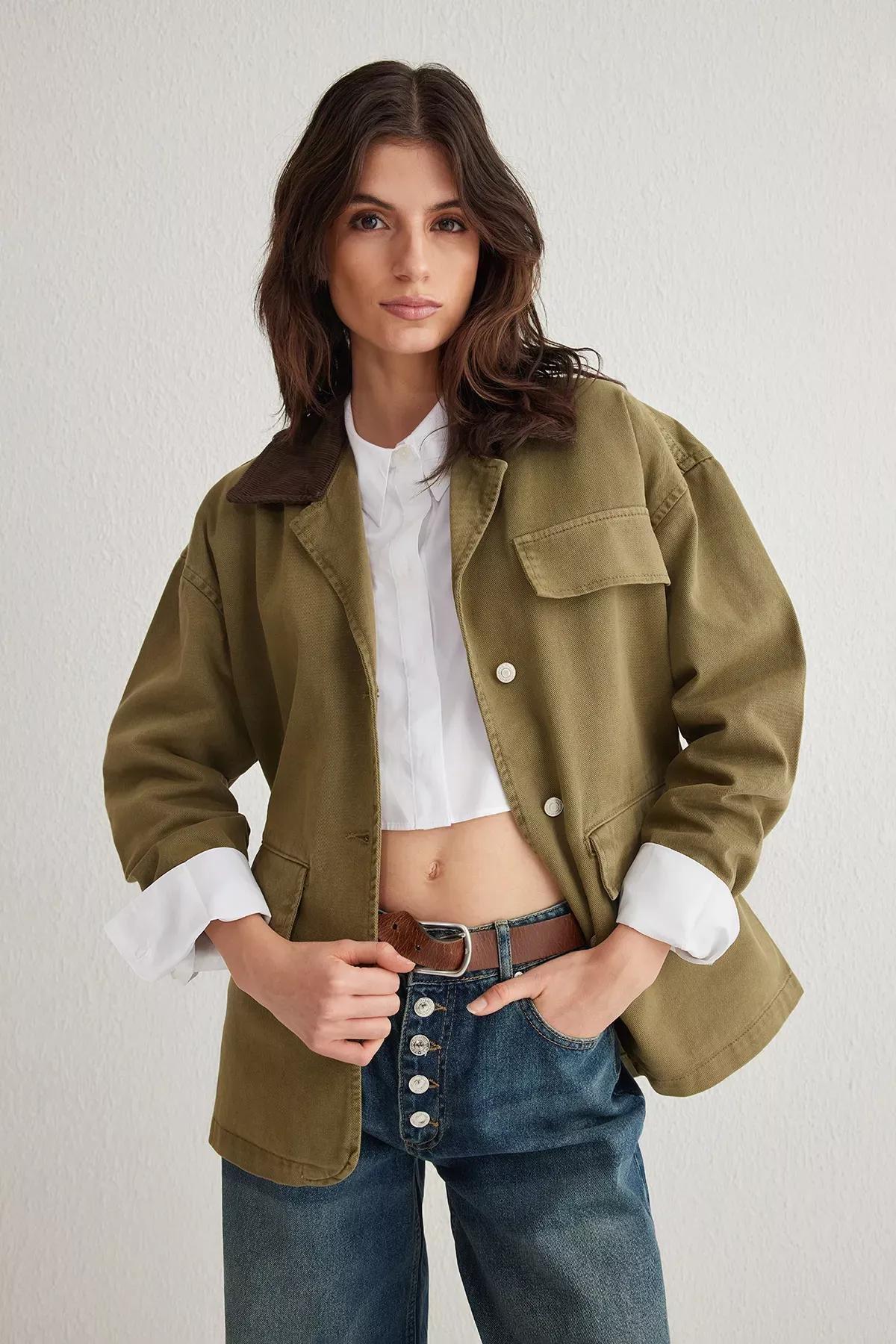 Green Oversize Ribbed Collar Denim Shirt, , large image number 0