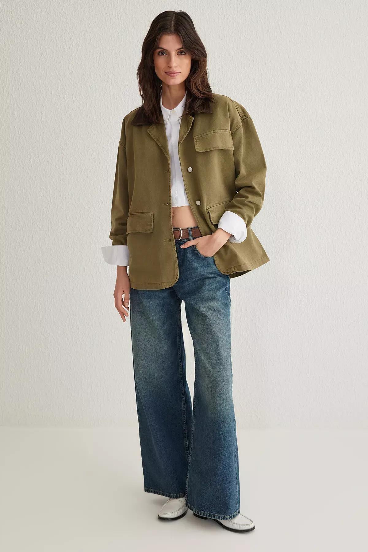 Green Oversize Ribbed Collar Denim Shirt, , large image number 1