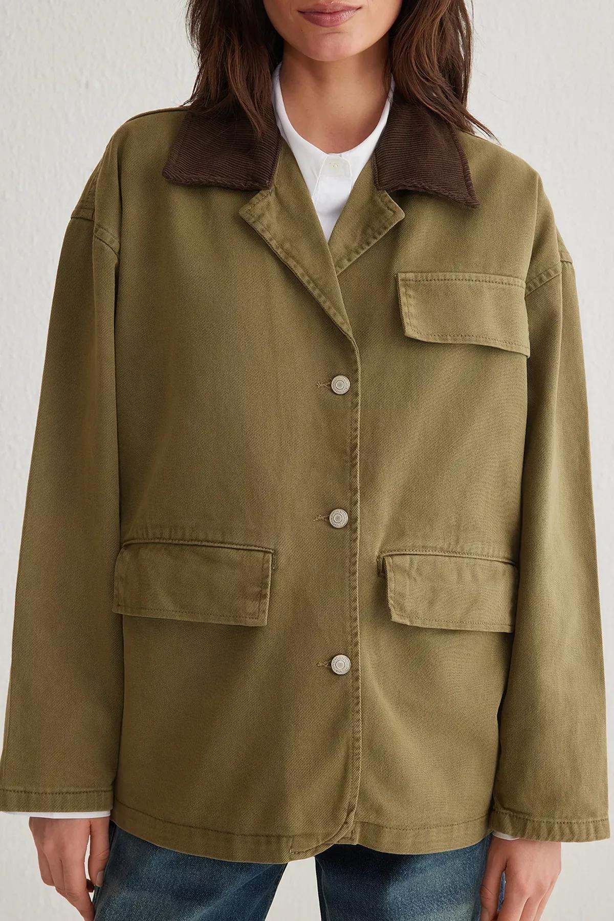 Green Oversize Ribbed Collar Denim Shirt, , large image number 2