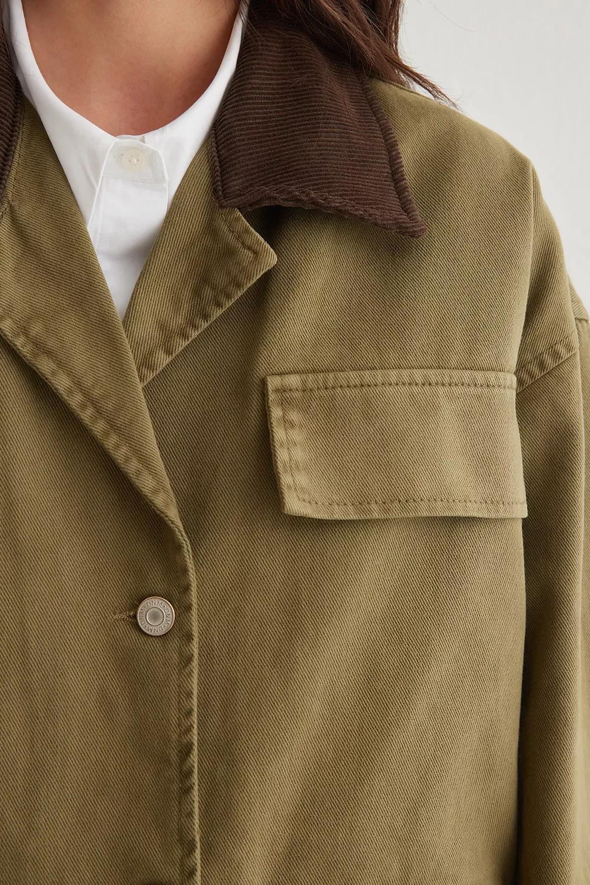 Green Oversize Ribbed Collar Denim Shirt, , large image number 3