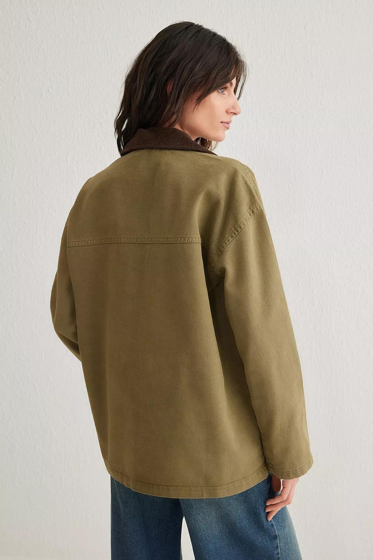 Green Oversize Ribbed Collar Denim Shirt, , large image number 4