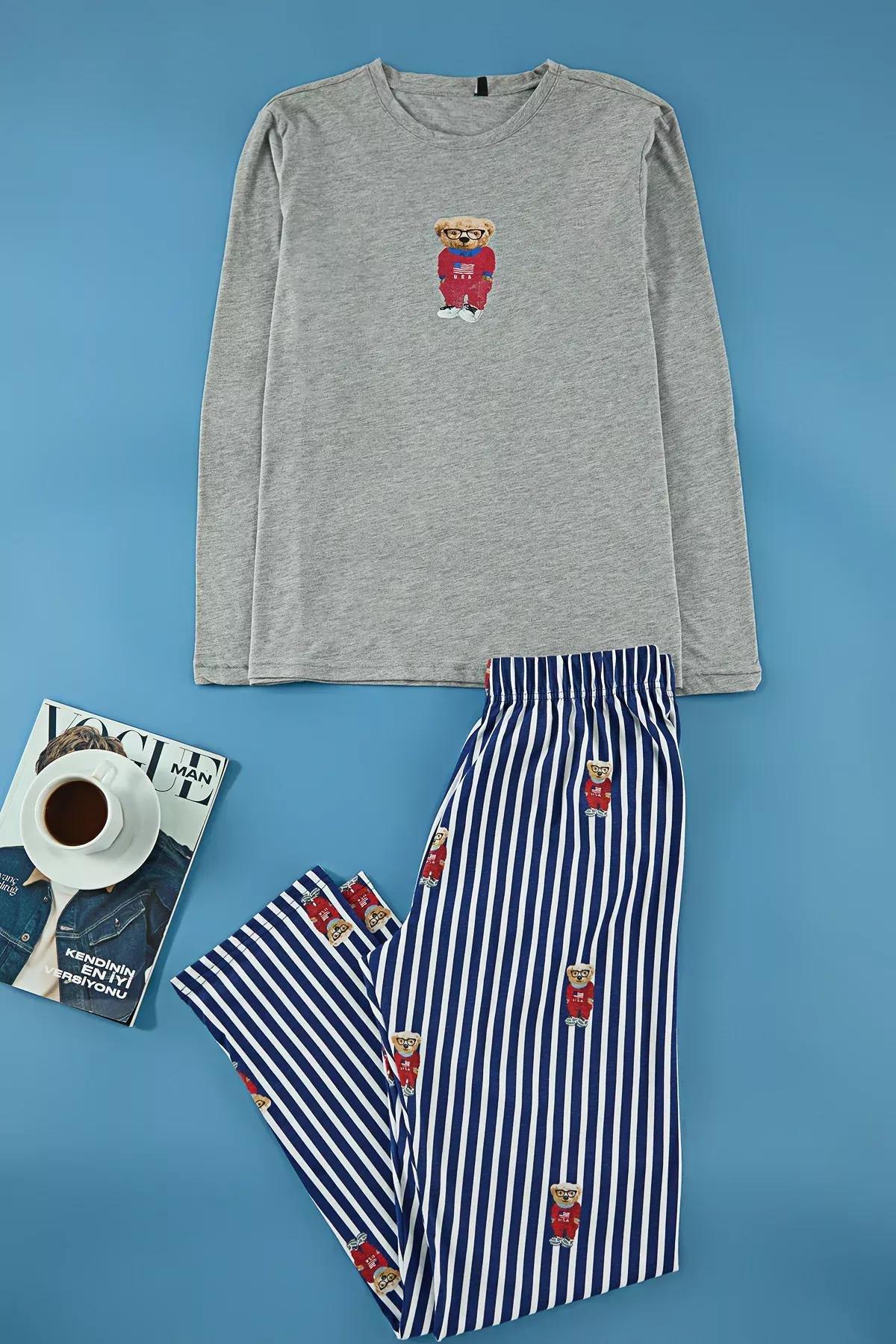 Grey Detailed Knitted Pyjamas Set, , large image number 0
