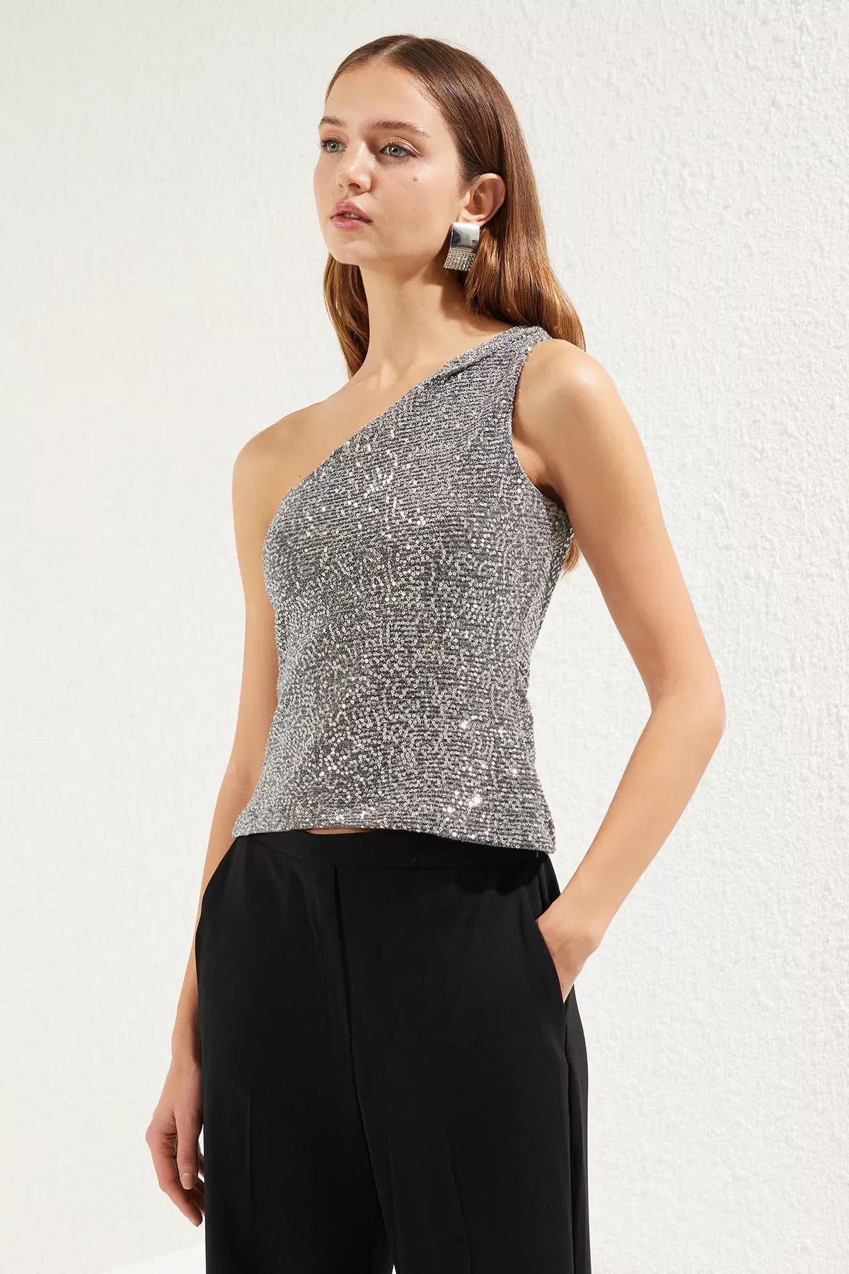 Silver One Shoulder Sequin Blouse, , large image number 0