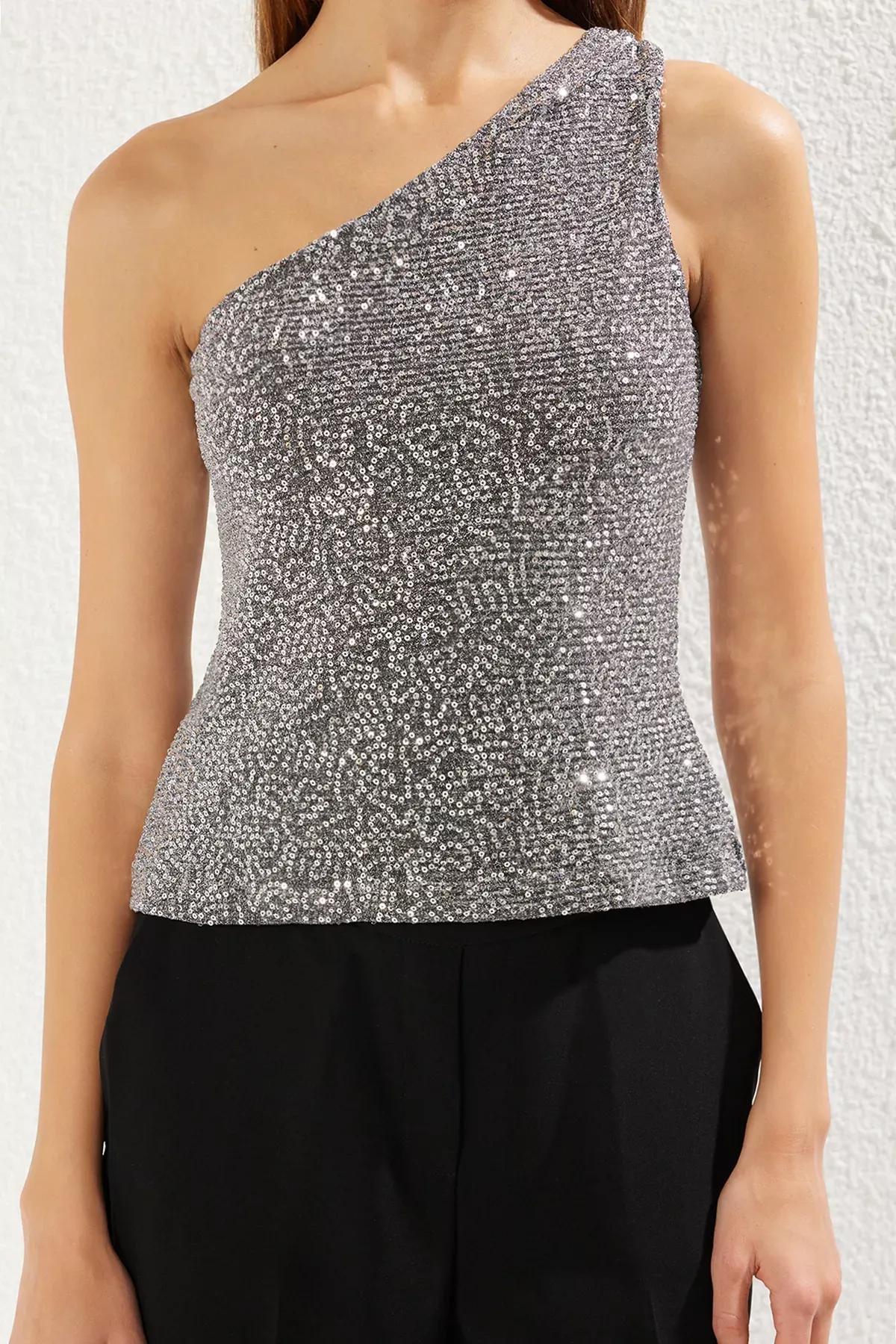 Silver One Shoulder Sequin Blouse, , large image number 2