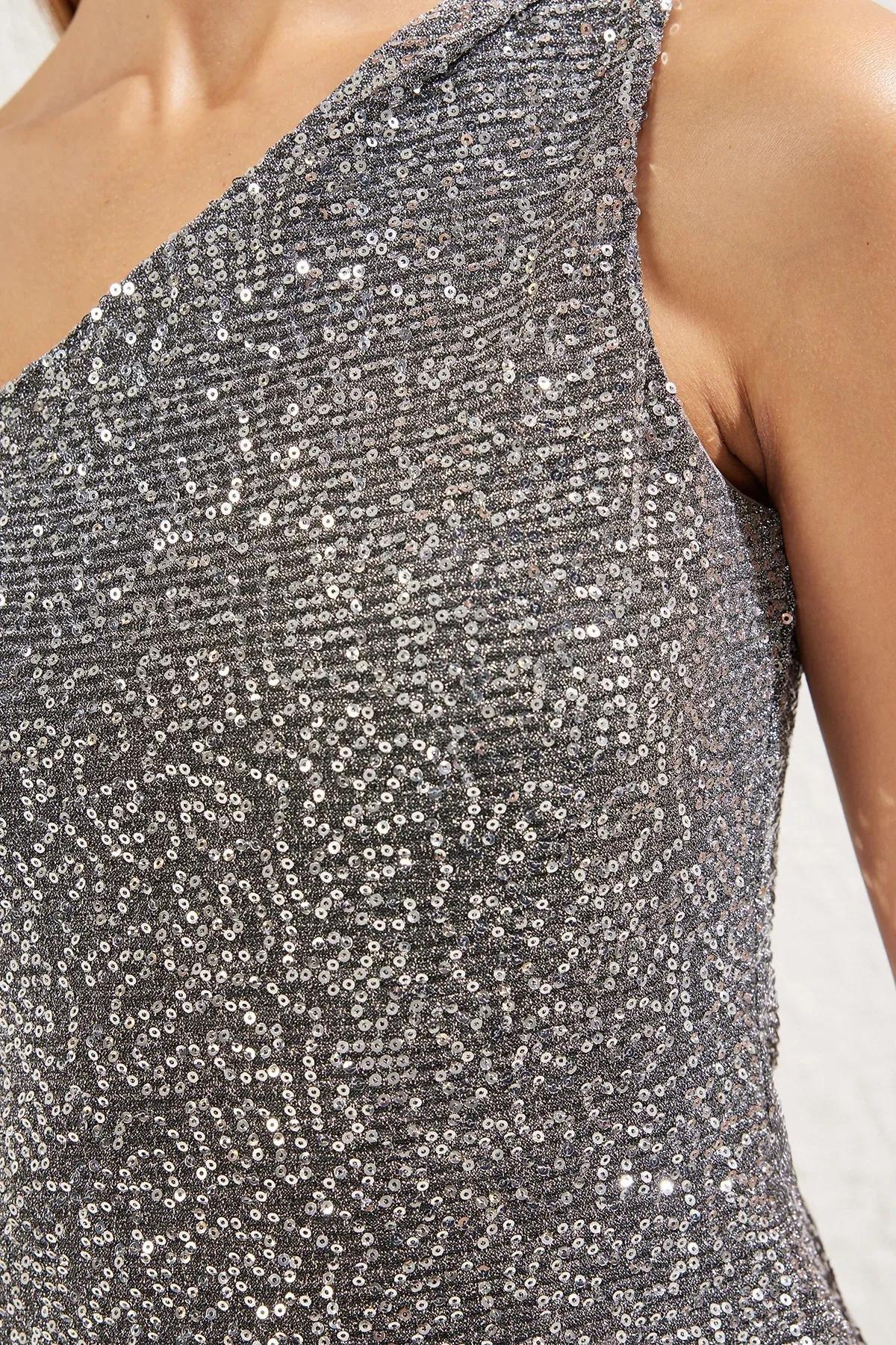 Silver One Shoulder Sequin Blouse, , large image number 3