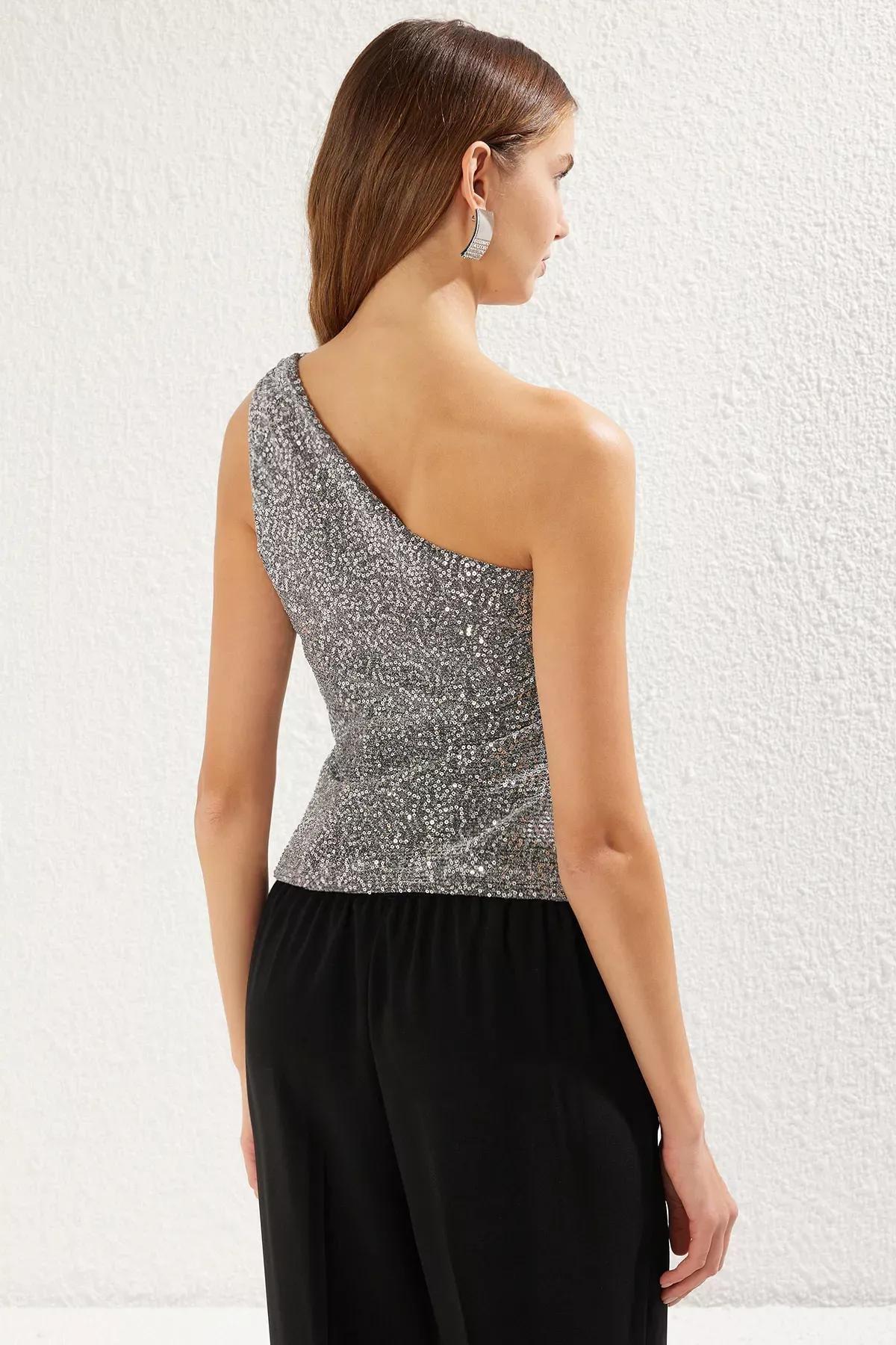 Silver One Shoulder Sequin Blouse, , large image number 4