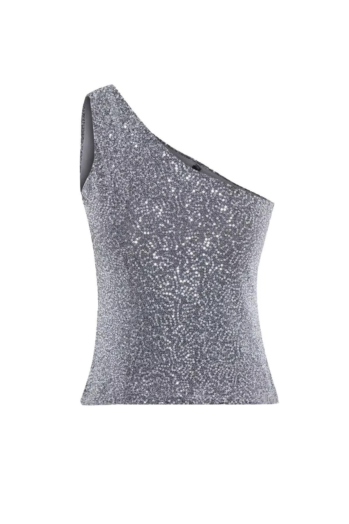 Silver One Shoulder Sequin Blouse, , large image number 5