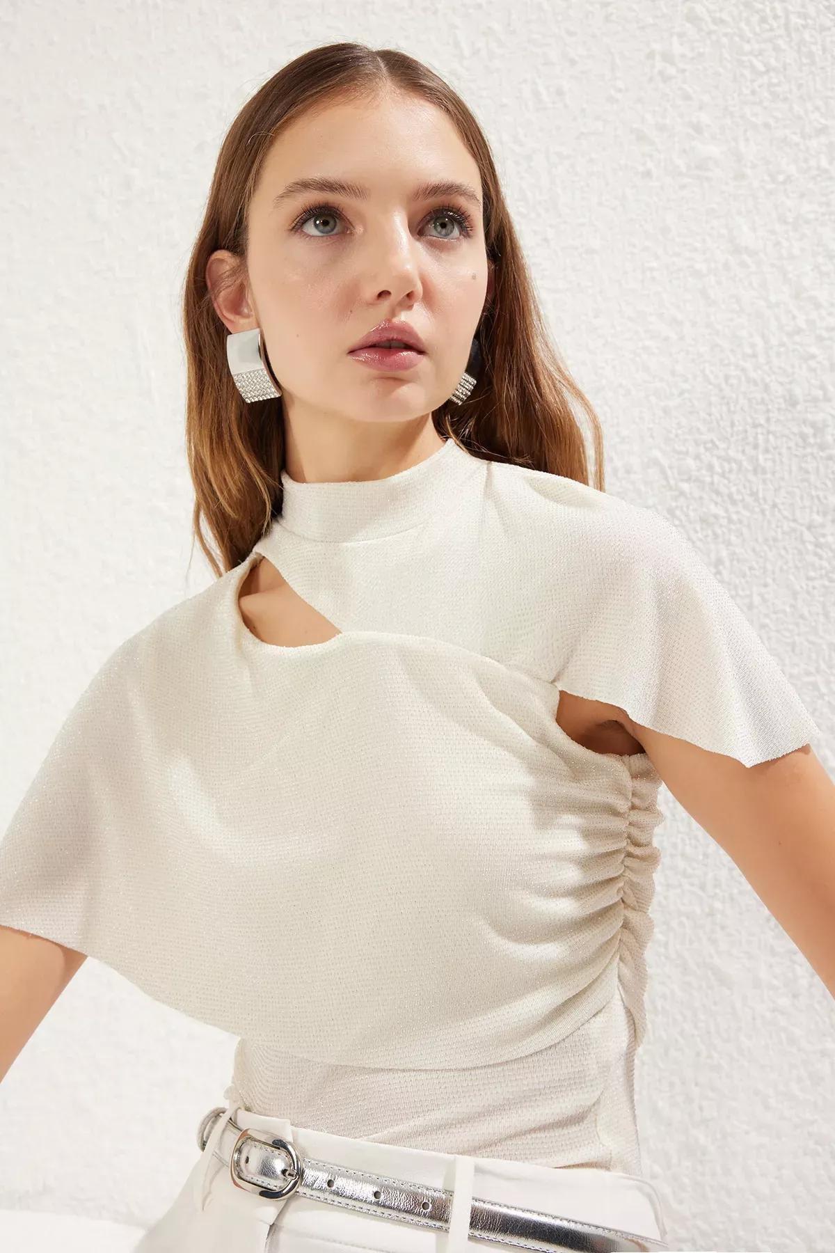 Beige Draped Glitter Knit Blouse, Ecru, large image number 0