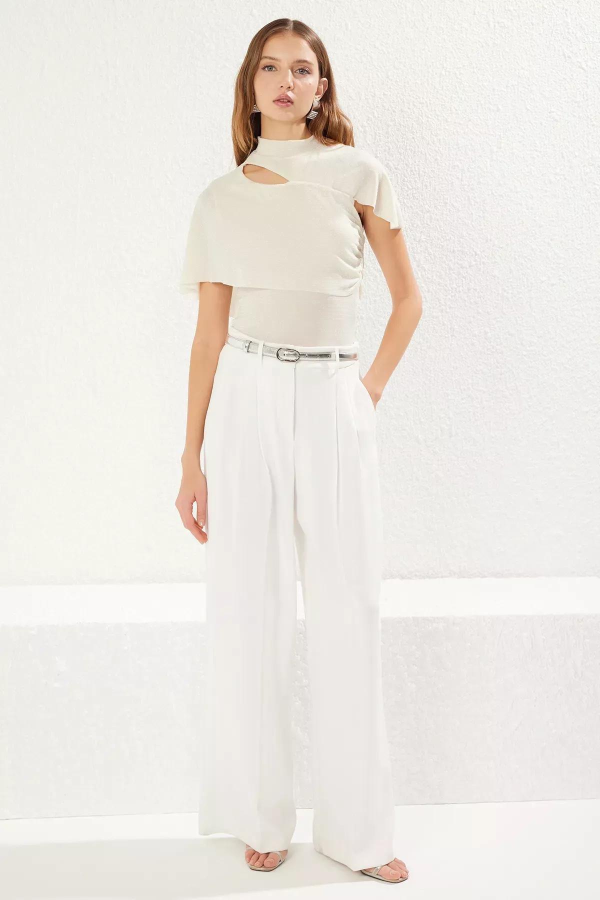 Beige Draped Glitter Knit Blouse, Ecru, large image number 1