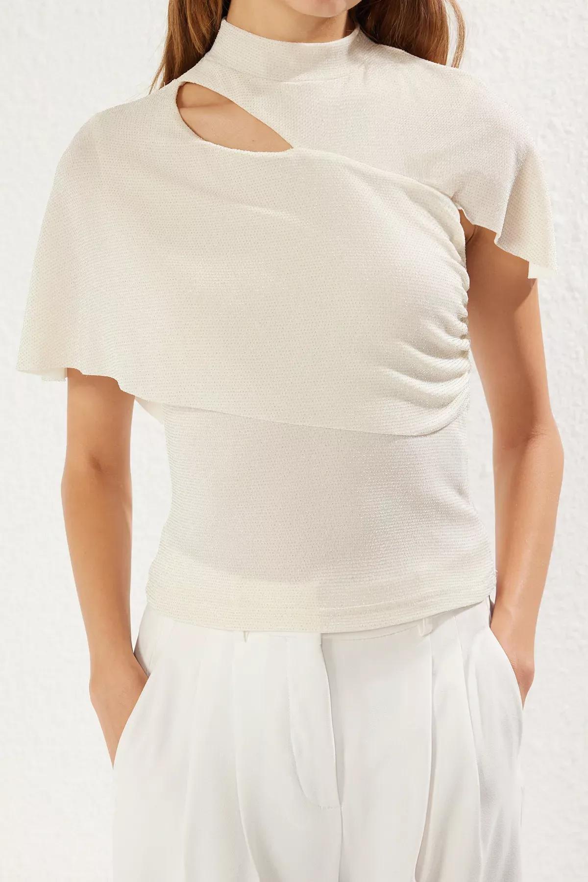 Beige Draped Glitter Knit Blouse, Ecru, large image number 2