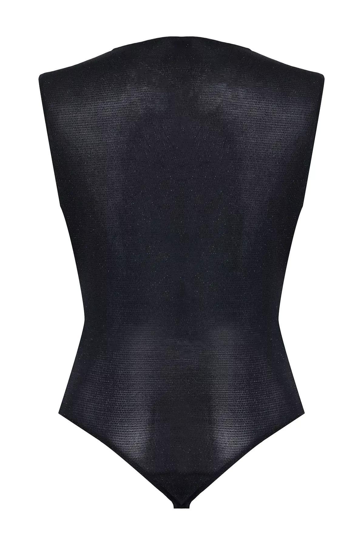 Black Glittery Snap-On Knitted Bodysuit, , large image number 5