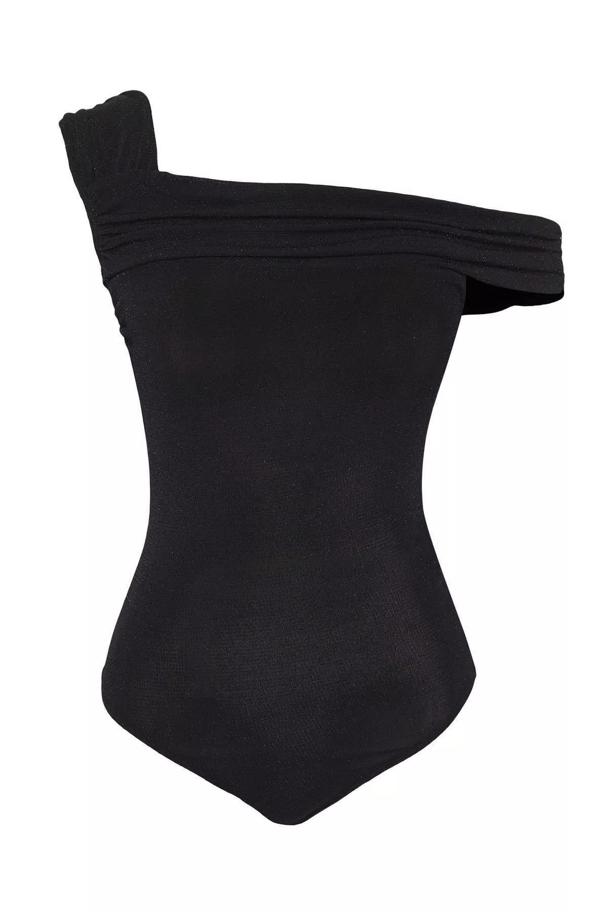 Black Asymmetric Collar Glittery Bodysuit, , large image number 1