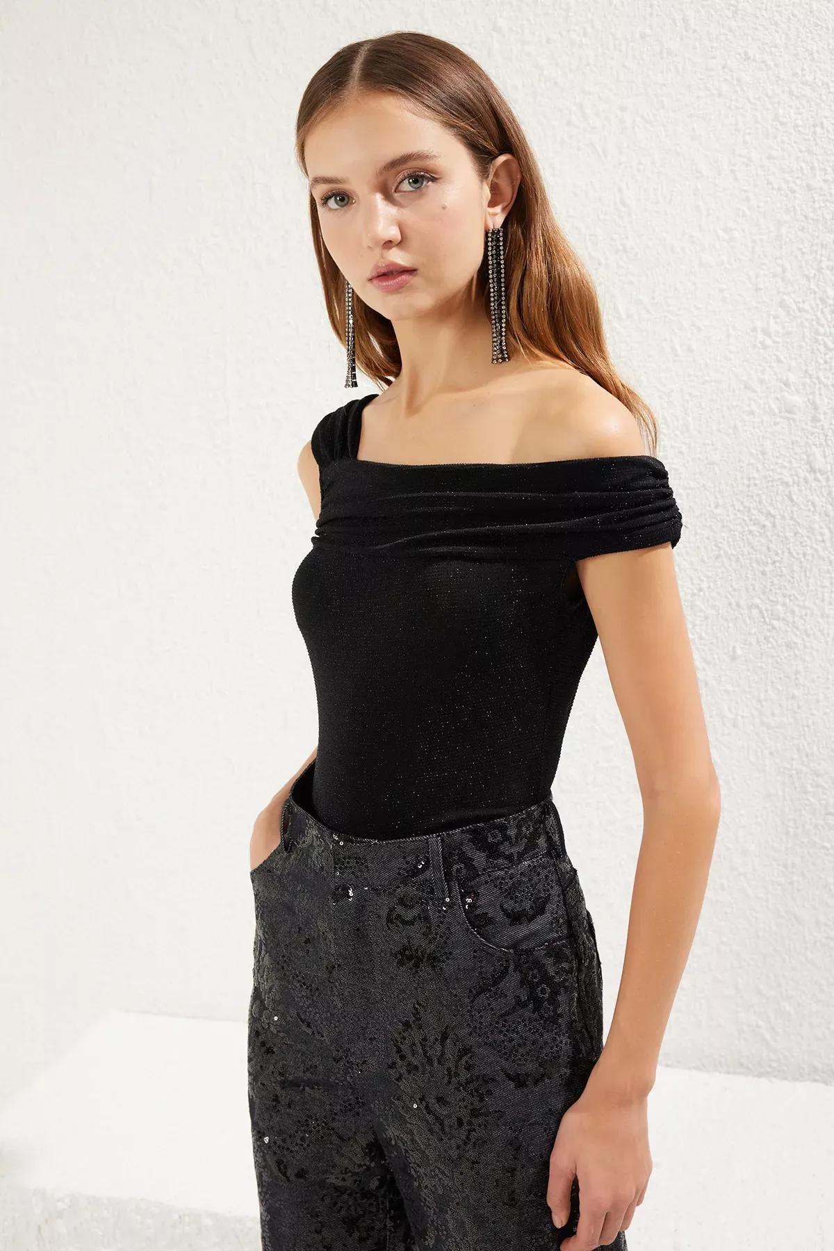 Black Asymmetric Collar Glittery Bodysuit, , large image number 2