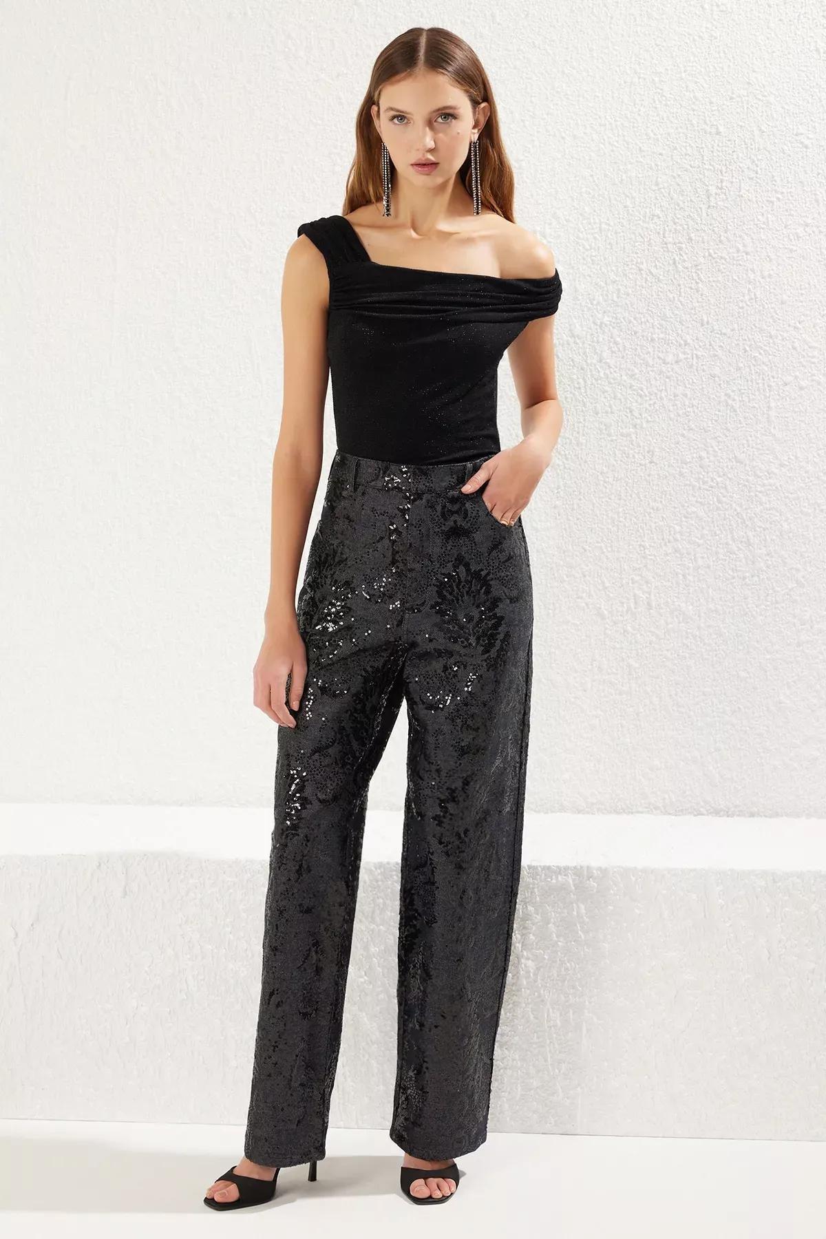 Black Asymmetric Collar Glittery Bodysuit, , large image number 3