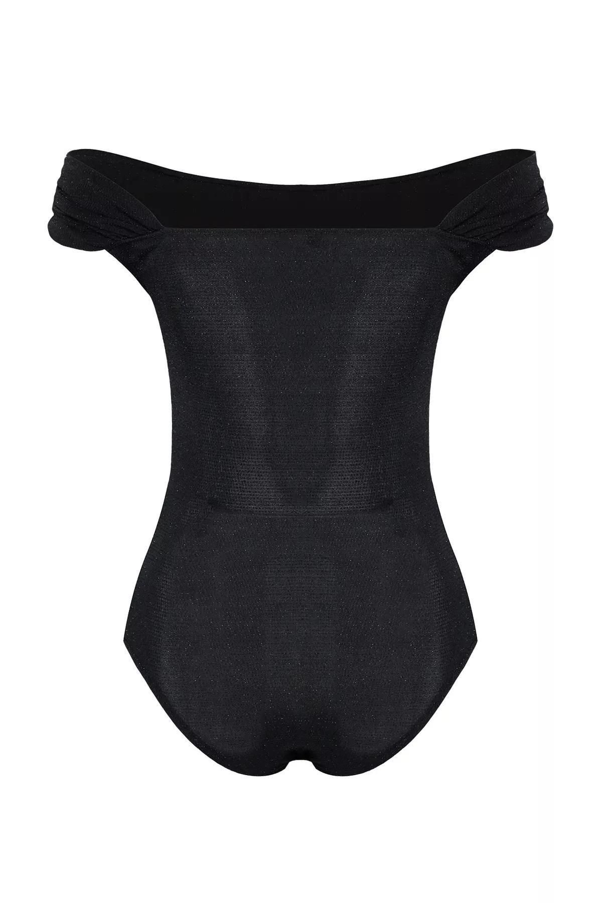 Black Asymmetric Collar Glittery Bodysuit, , large image number 5