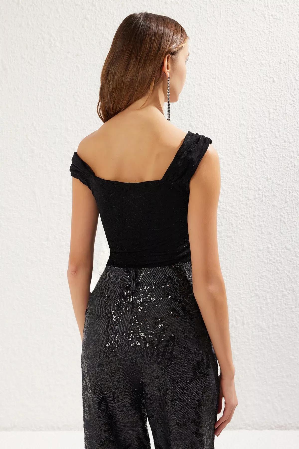 Black Asymmetric Collar Glittery Bodysuit, , large image number 6