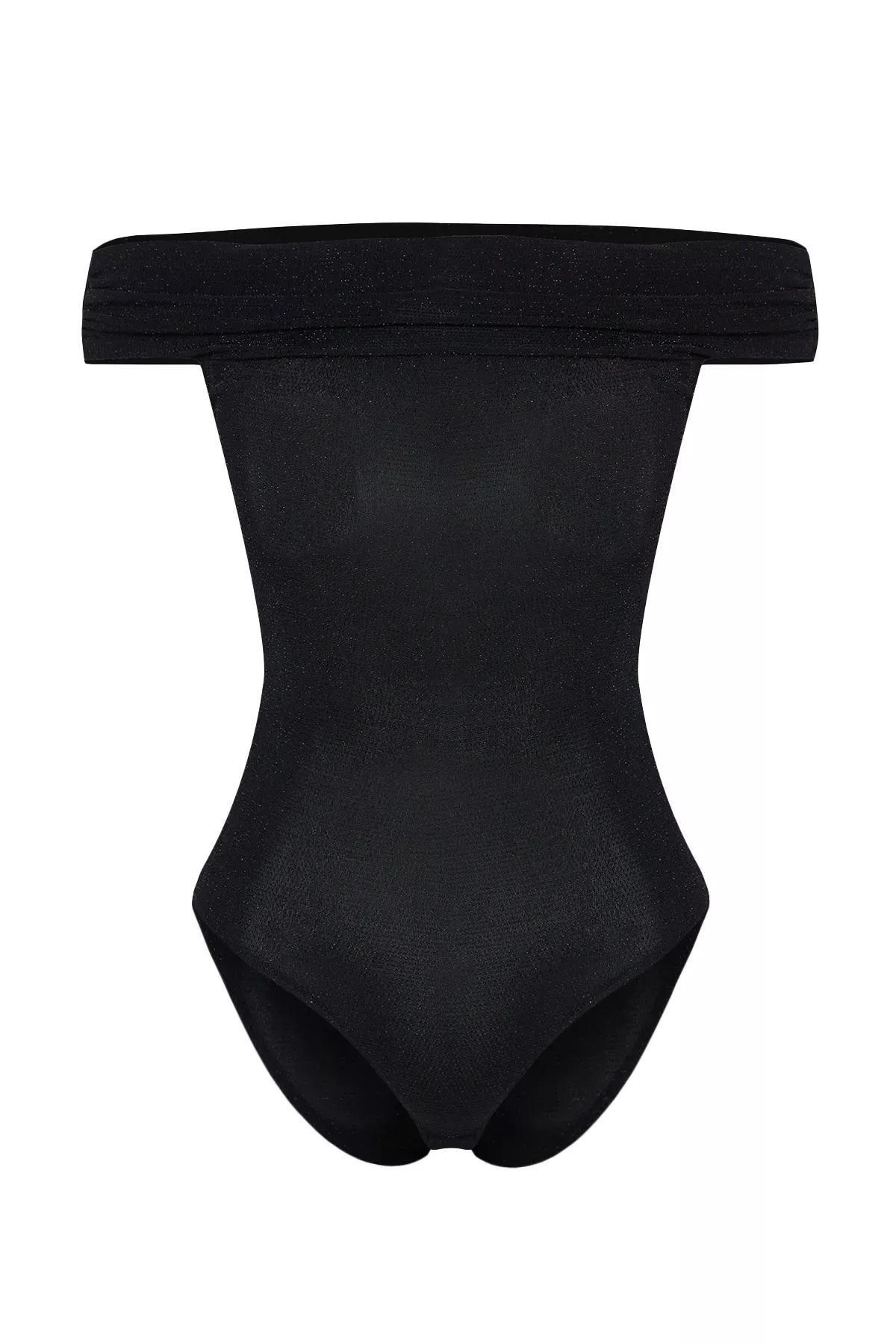 Black Asymmetric Collar Glittery Bodysuit, , large image number 7
