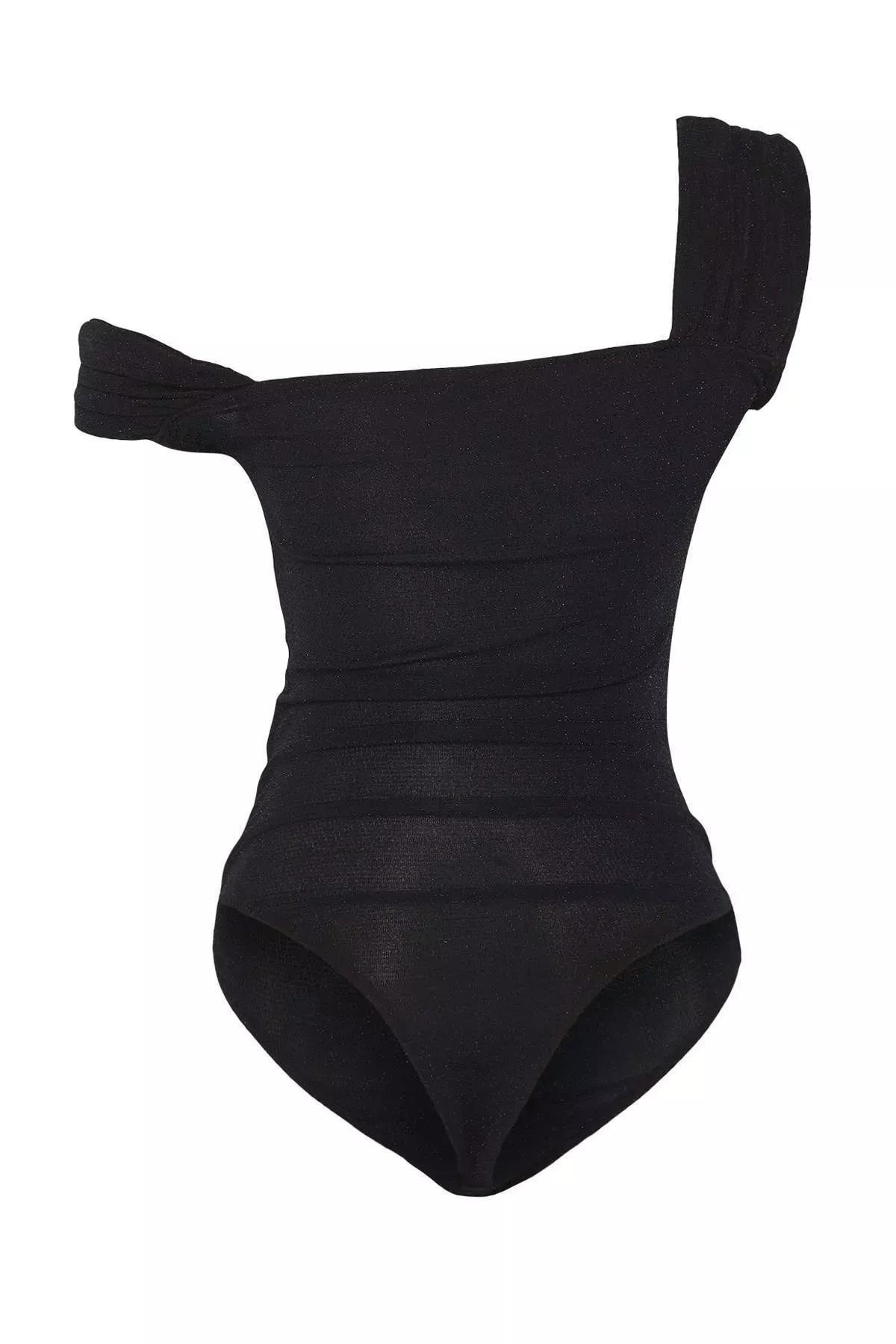 Black Asymmetric Collar Glittery Bodysuit, , large image number 8