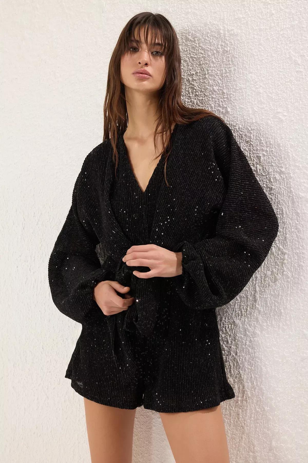 Black Glitter Sequin Short Jumpsuit, , large image number 0