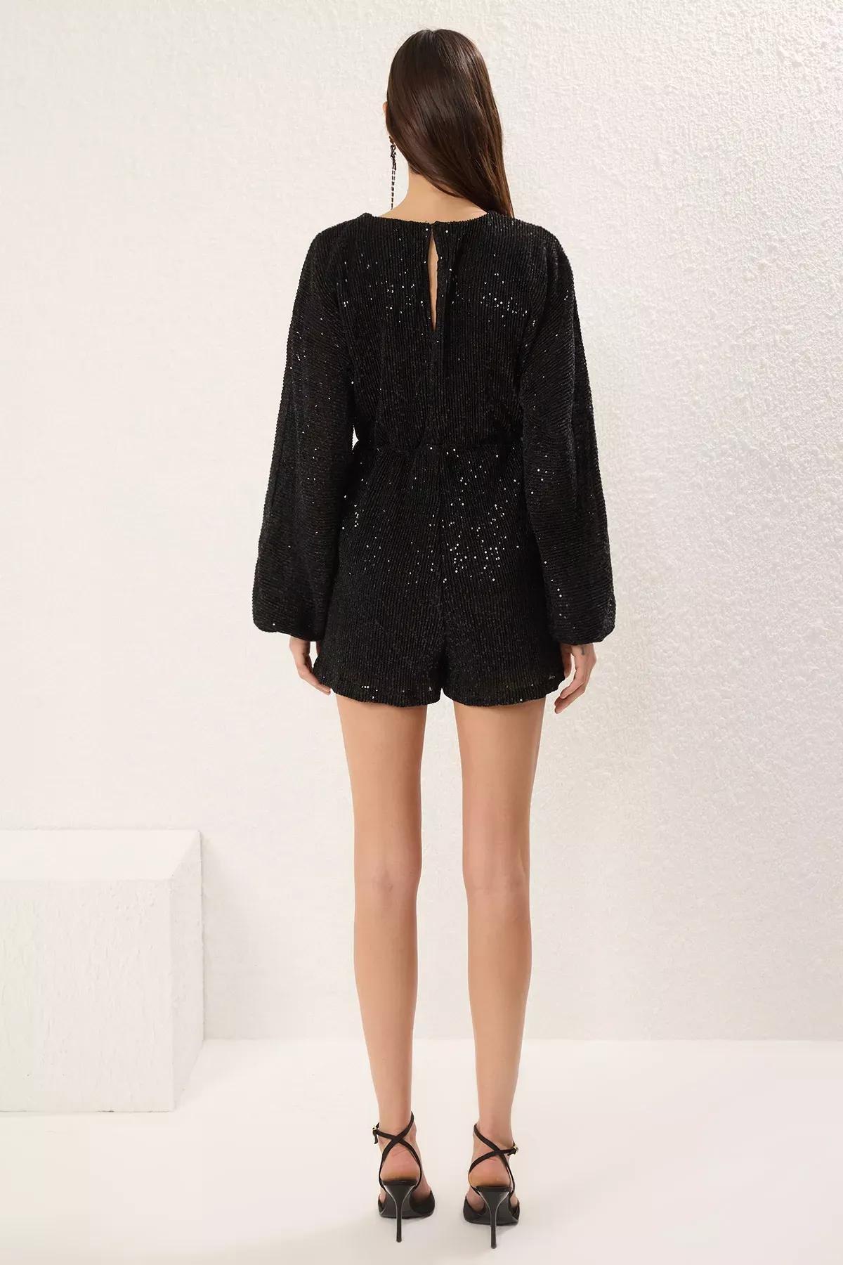 Black Glitter Sequin Short Jumpsuit, , large image number 3