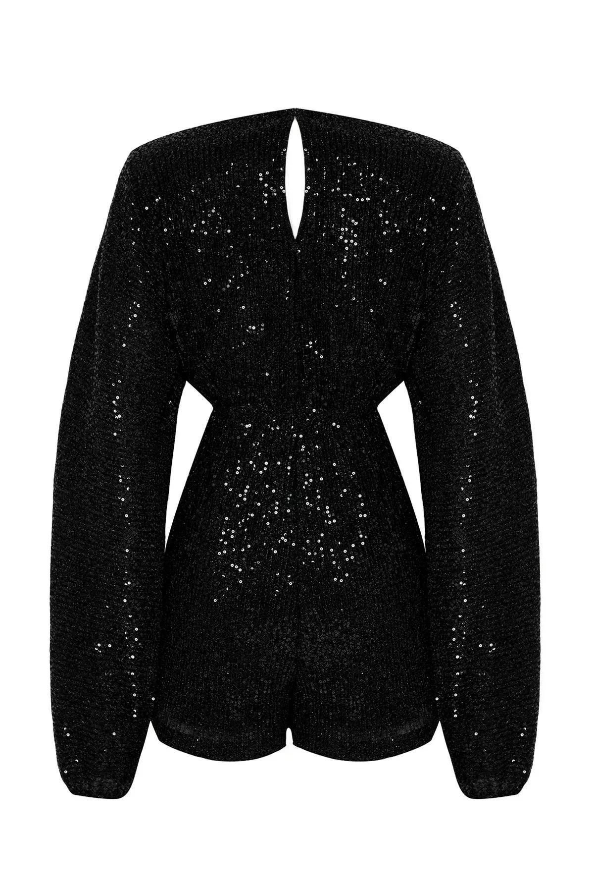Black Glitter Sequin Short Jumpsuit, , large image number 6
