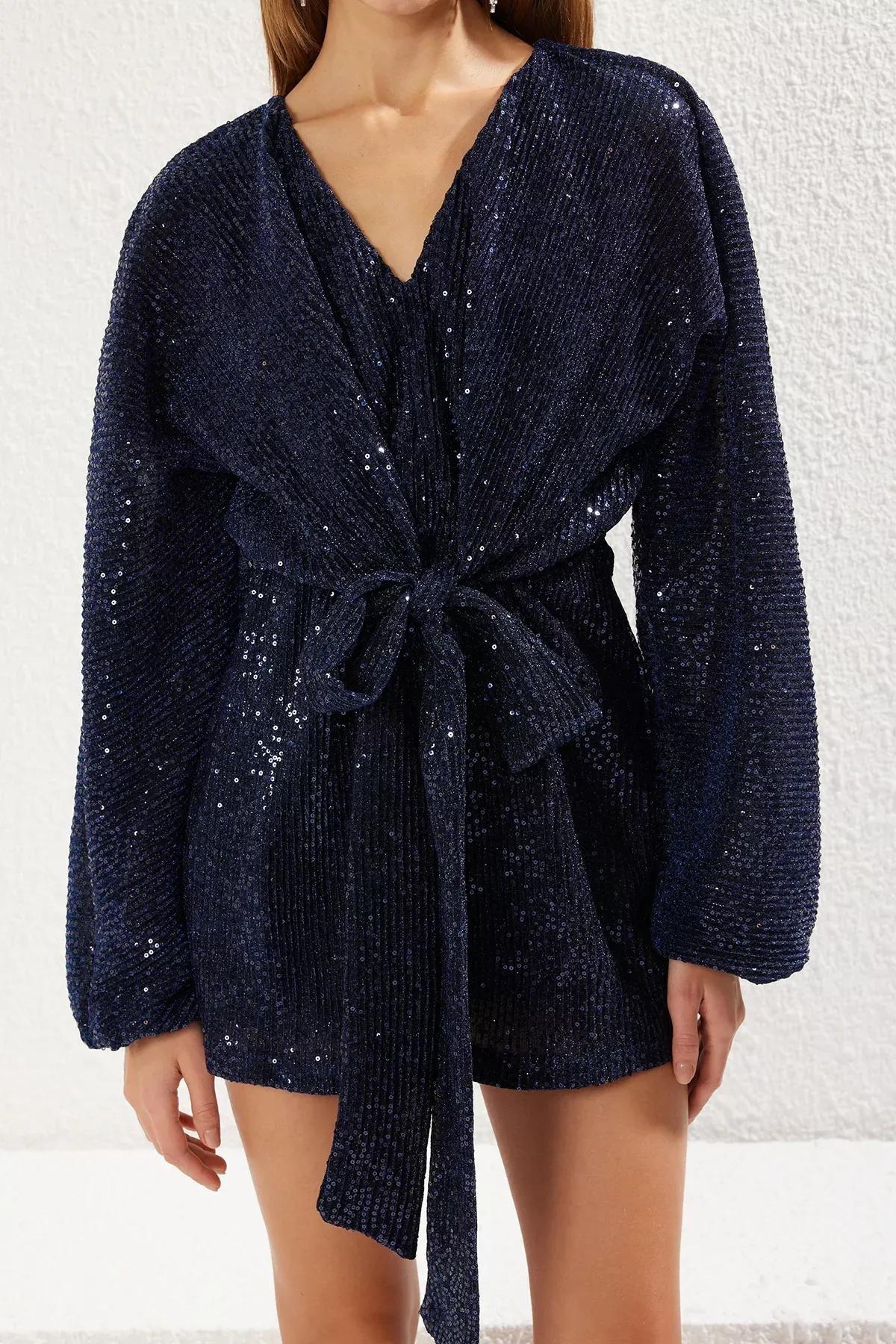 Blue Glitter Sequin Knit Jumpsuit, , large image number 2