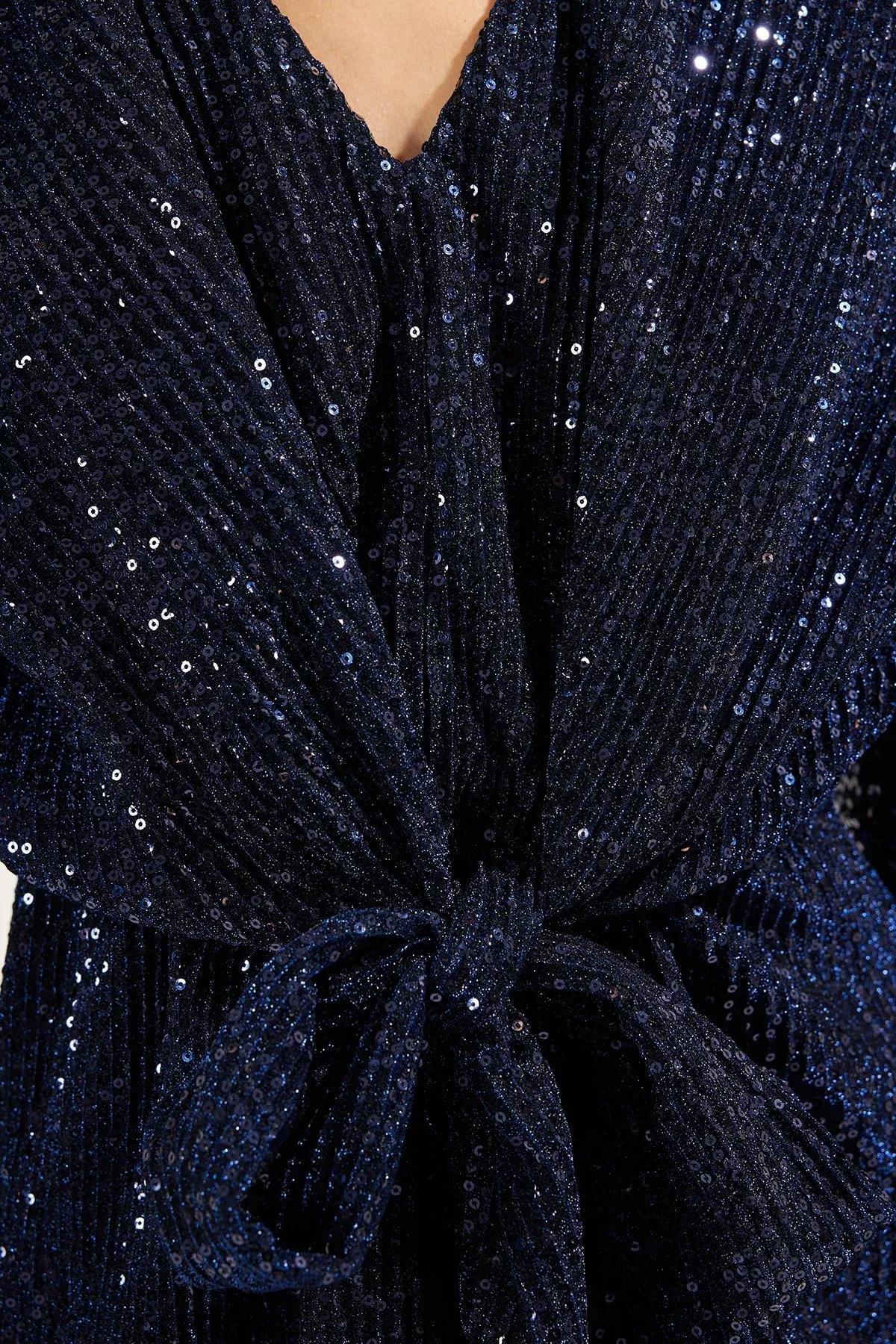 Blue Glitter Sequin Knit Jumpsuit, , large image number 3