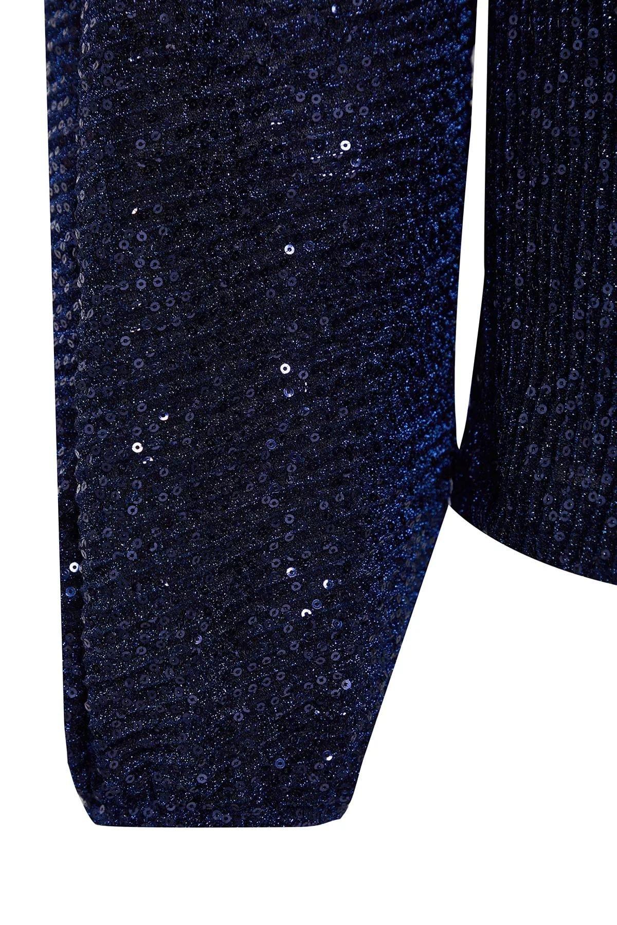 Blue Glitter Sequin Knit Jumpsuit, , large image number 5