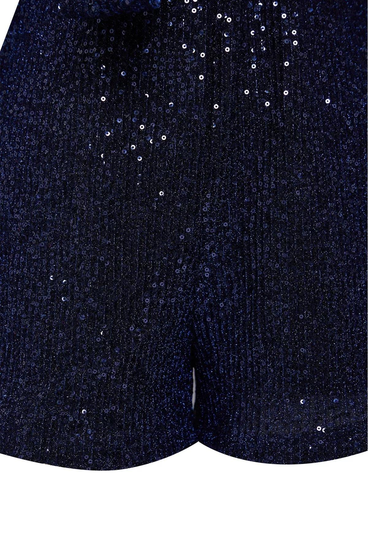 Blue Glitter Sequin Knit Jumpsuit, , large image number 6