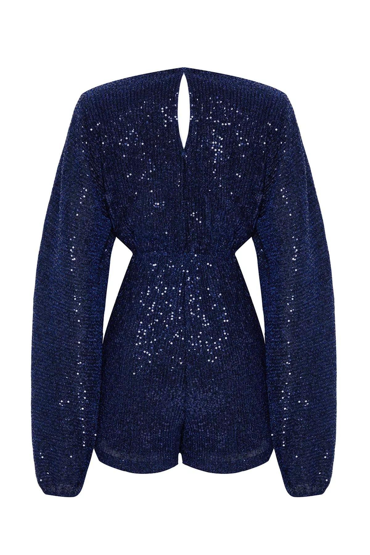 Blue Glitter Sequin Knit Jumpsuit, , large image number 7