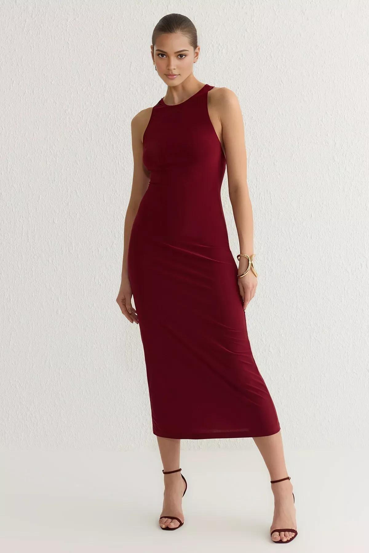 Burgundy Back Accessory Detailed Knitted Dress, , large image number 0